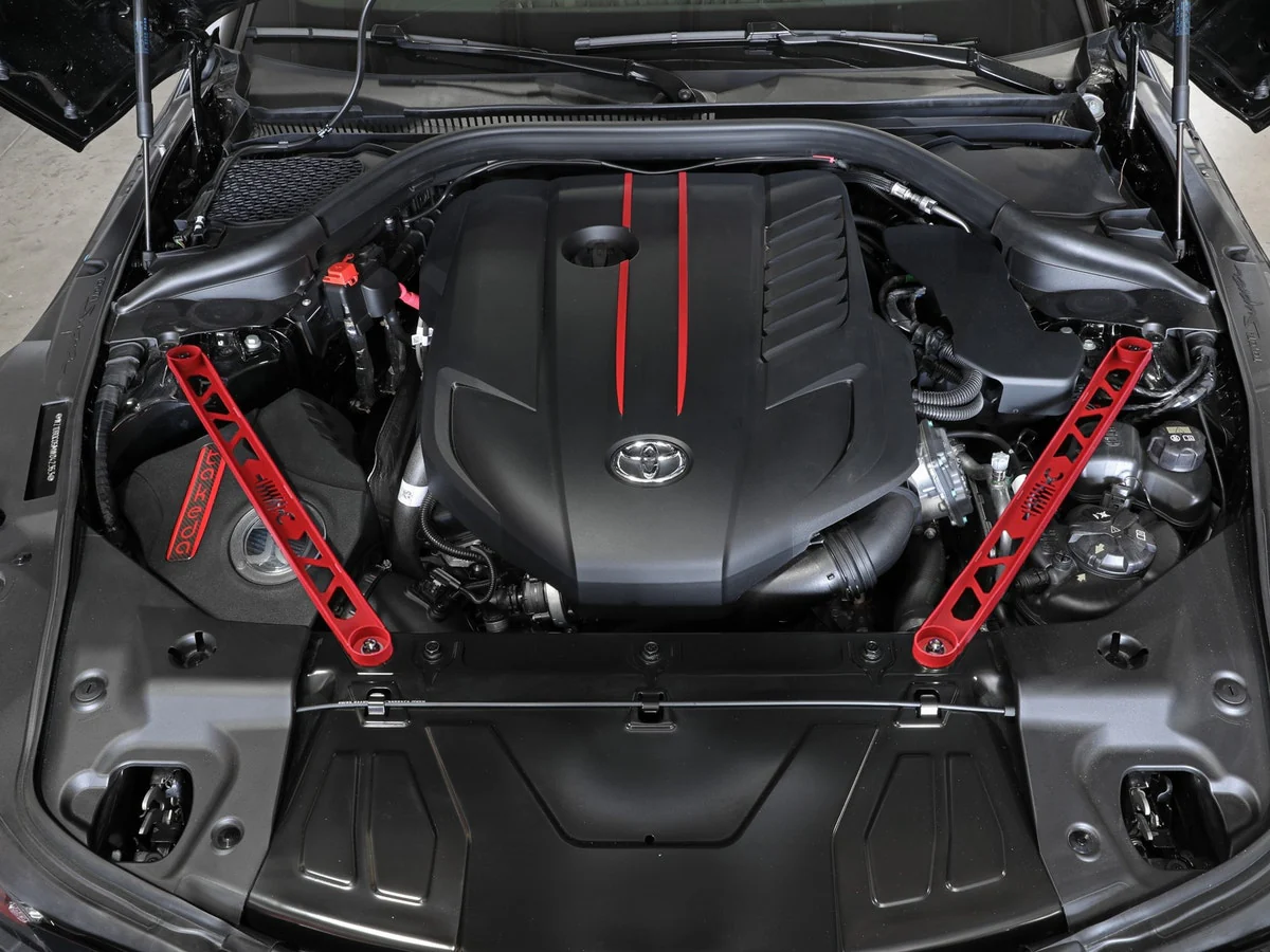 aFe Strut Brace Front Bar Toyota GR Supra (2020-2026) 450-721003 Bolt On Install - Red / Black / Blue / Silver - Image 2