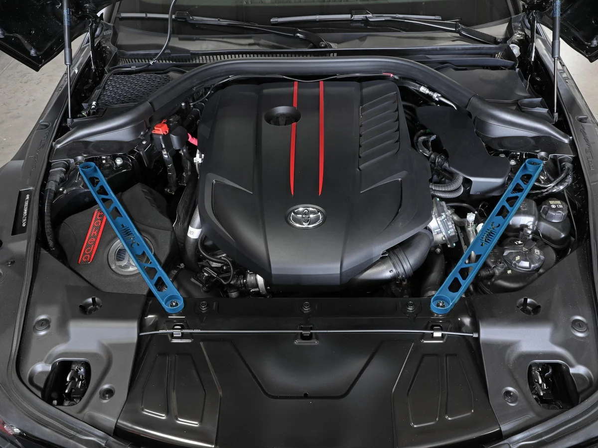 aFe Strut Brace Front Bar Toyota GR Supra (2020-2026) 450-721003 Bolt On Install - Red / Black / Blue / Silver - Image 6
