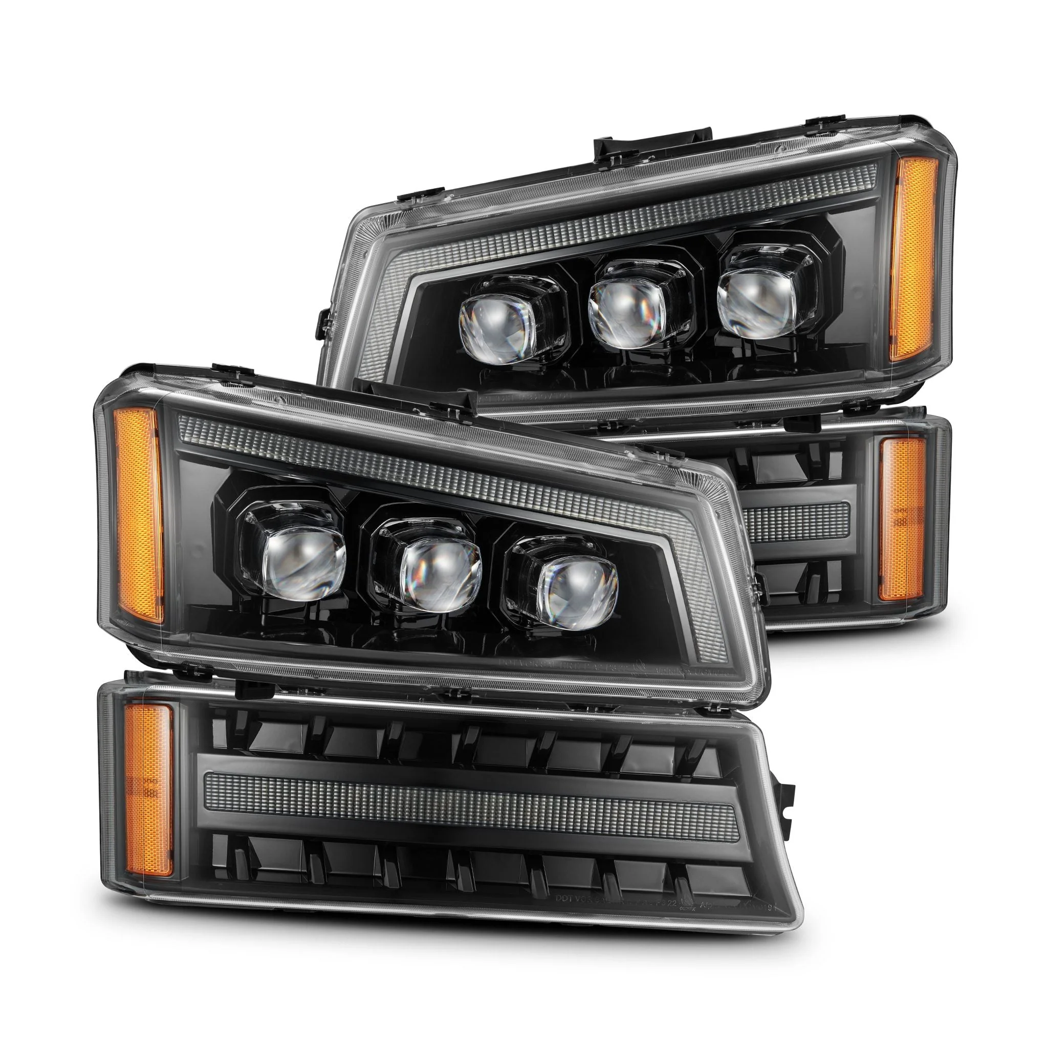 AlphaRex LED Projector Headlights Chevy Avalanche w/o Body Cladding (02-06) [3D Ice-Cube LED - NOVA Series w/ DRL] Alpha-Black / Chrome / Black