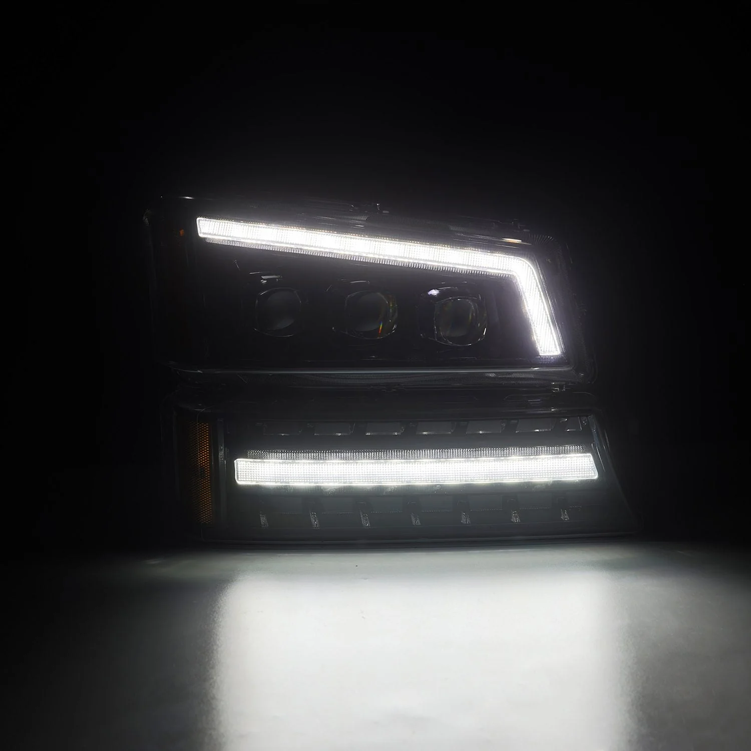 AlphaRex LED Projector Headlights Chevy Avalanche w/o Body Cladding (02-06) [3D Ice-Cube LED - NOVA Series w/ DRL] Alpha-Black / Chrome / Black - Image 6