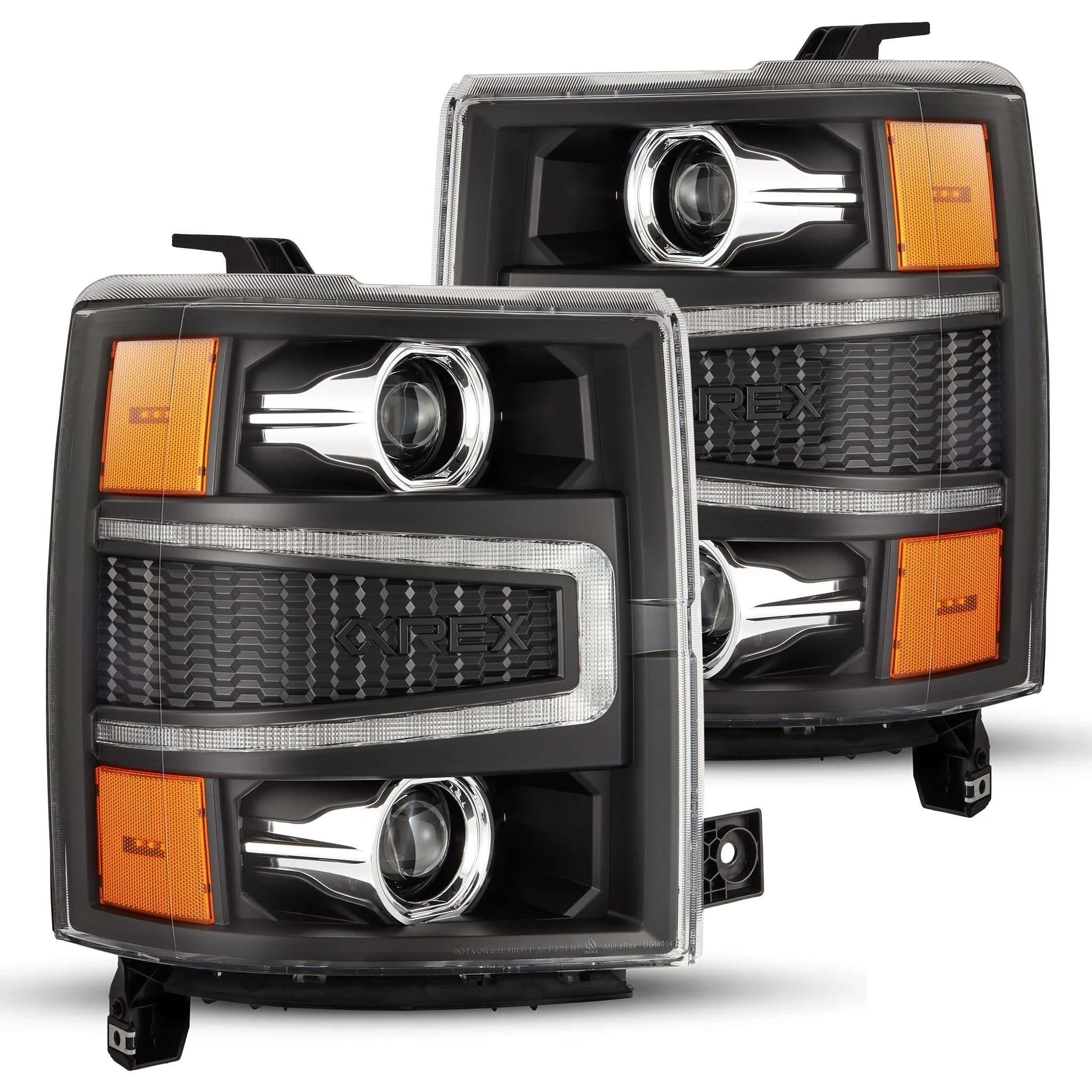 AlphaRex LED Projector Headlights Chevy Silverado 1500 (14-15) [LUXX Series - DRL Light Tube] Black / Chrome / Alpha-Black