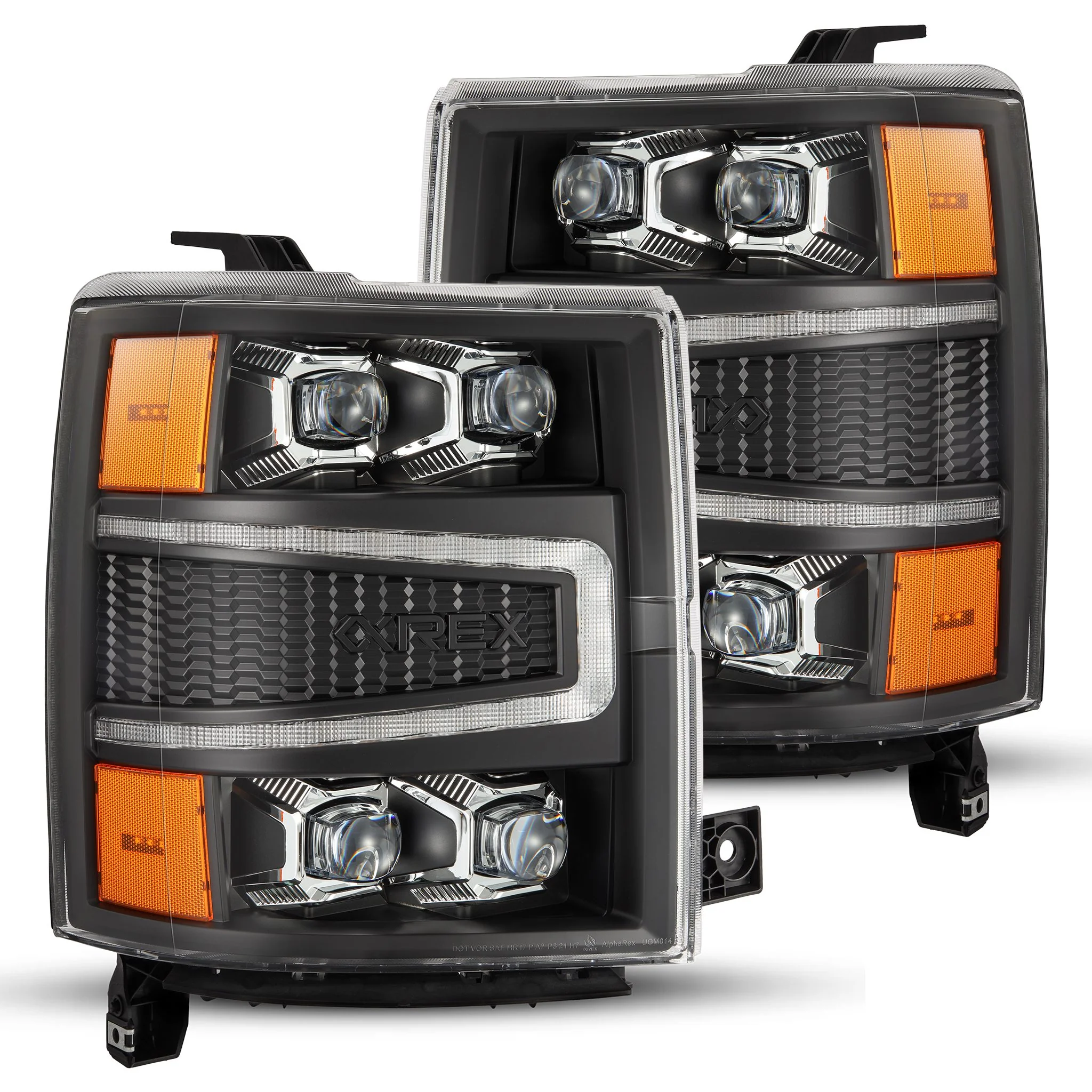 AlphaRex LED Projector Headlights Chevy Silverado 1500 (14-16) [3D Ice-Cube LED - NOVA Series w/ DRL] Black / Chrome / Jet Black