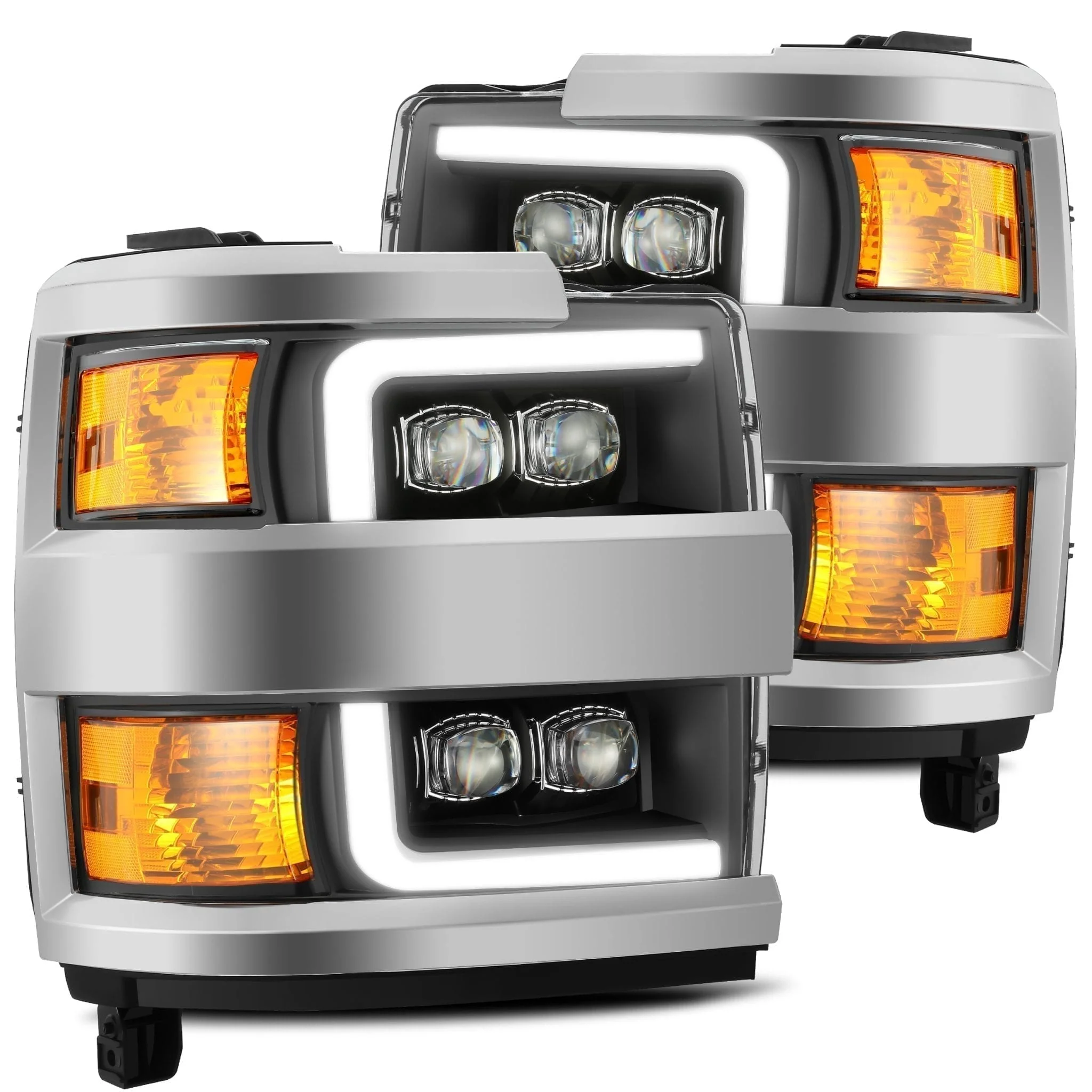 AlphaRex LED Projector Headlights Chevy Silverado 2500HD/3500HD (15-19) [3D Ice-Cube LED - NOVA Series w/ DRL] Black / Chrome / Jet Black