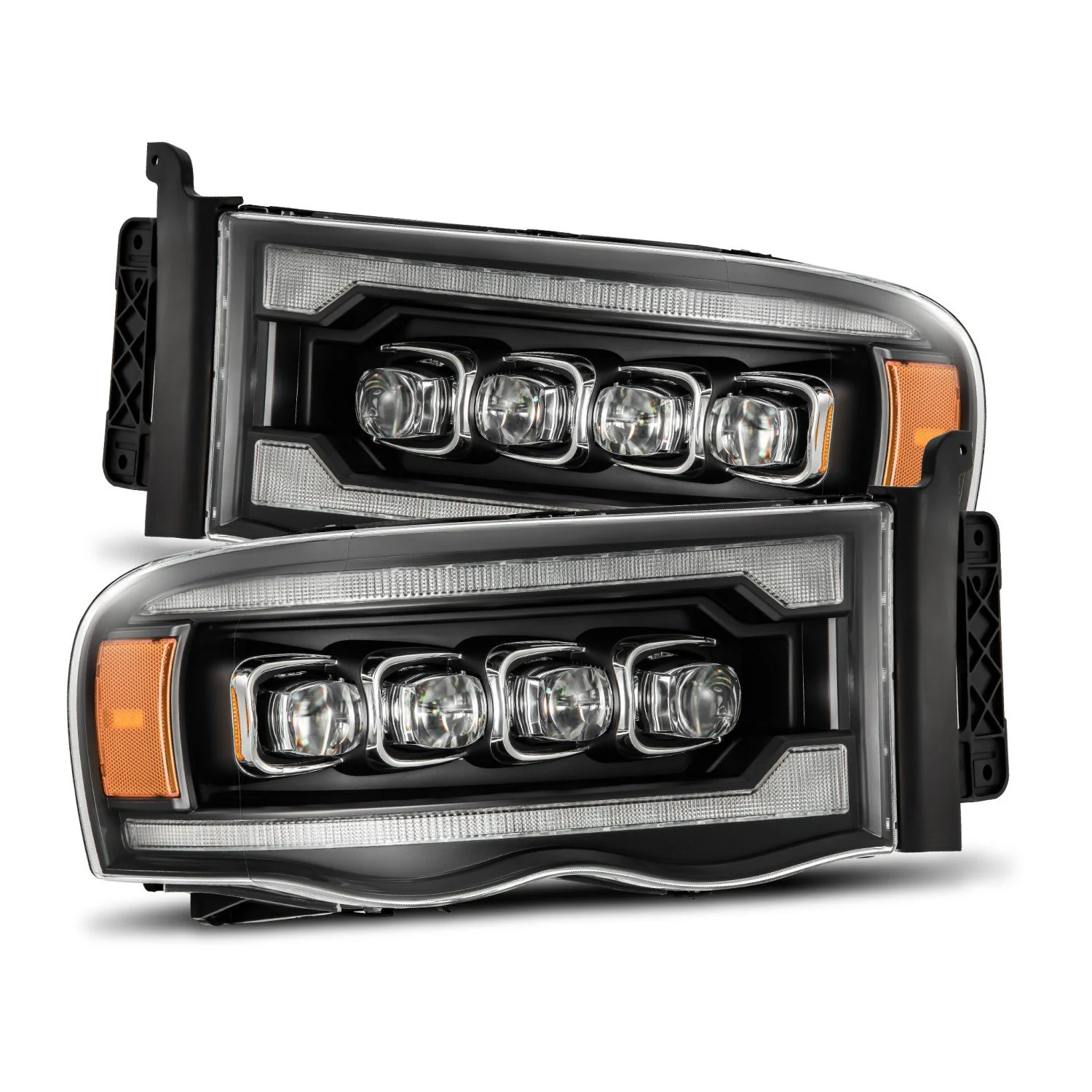 AlphaRex LED Projector Headlights Dodge Ram (02-05) [3D Ice-Cube LED - NOVA Series w/ DRL] Black / Chrome / Jet Black