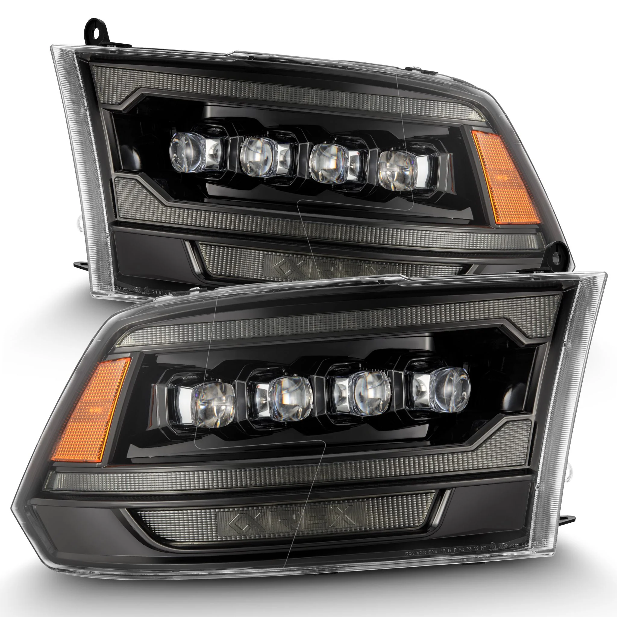 AlphaRex LED Projector Headlights Dodge Ram (09-18) [3D Ice-Cube LED - NOVA Series w/ DRL] Black / Chrome / Jet Black