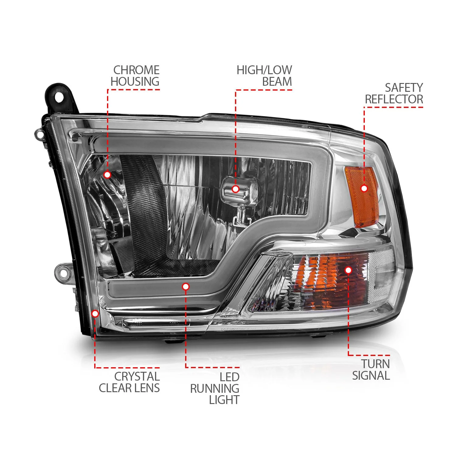 Anzo Crystal Headlights Dodge Ram 1500 / 2500 / 3500 (09–10) RAM 1500 / 2500 / 3500 (11-23) C-Bar Style Black or Chrome Housing w/ Clear or Smoke Lens - Image 10