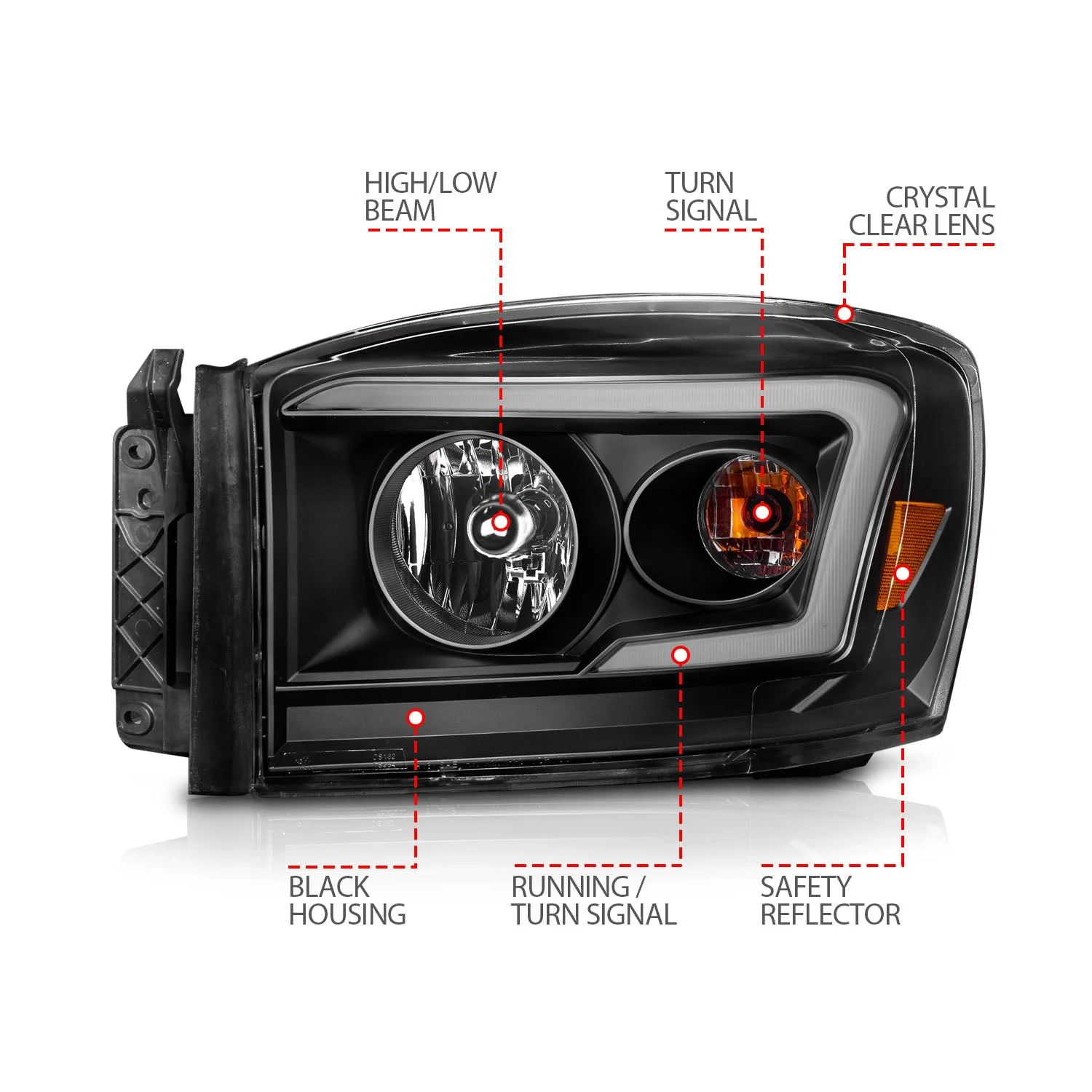 Anzo Crystal Headlights Dodge Ram 1500/ 2500/ 3500 (06–08) Crystal C-Bar or Switchback w/ Black or Chrome Housing - Image 10