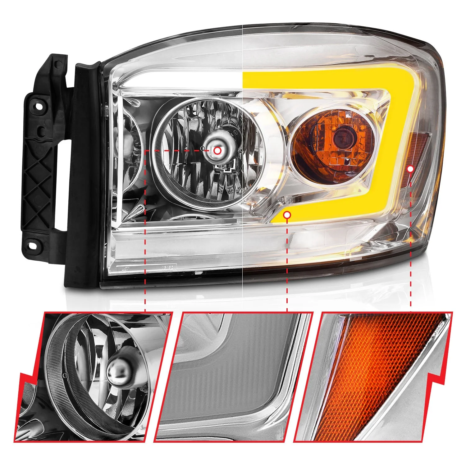 Anzo Crystal Headlights Dodge Ram 1500/ 2500/ 3500 (06–08) Crystal C-Bar or Switchback w/ Black or Chrome Housing - Image 13