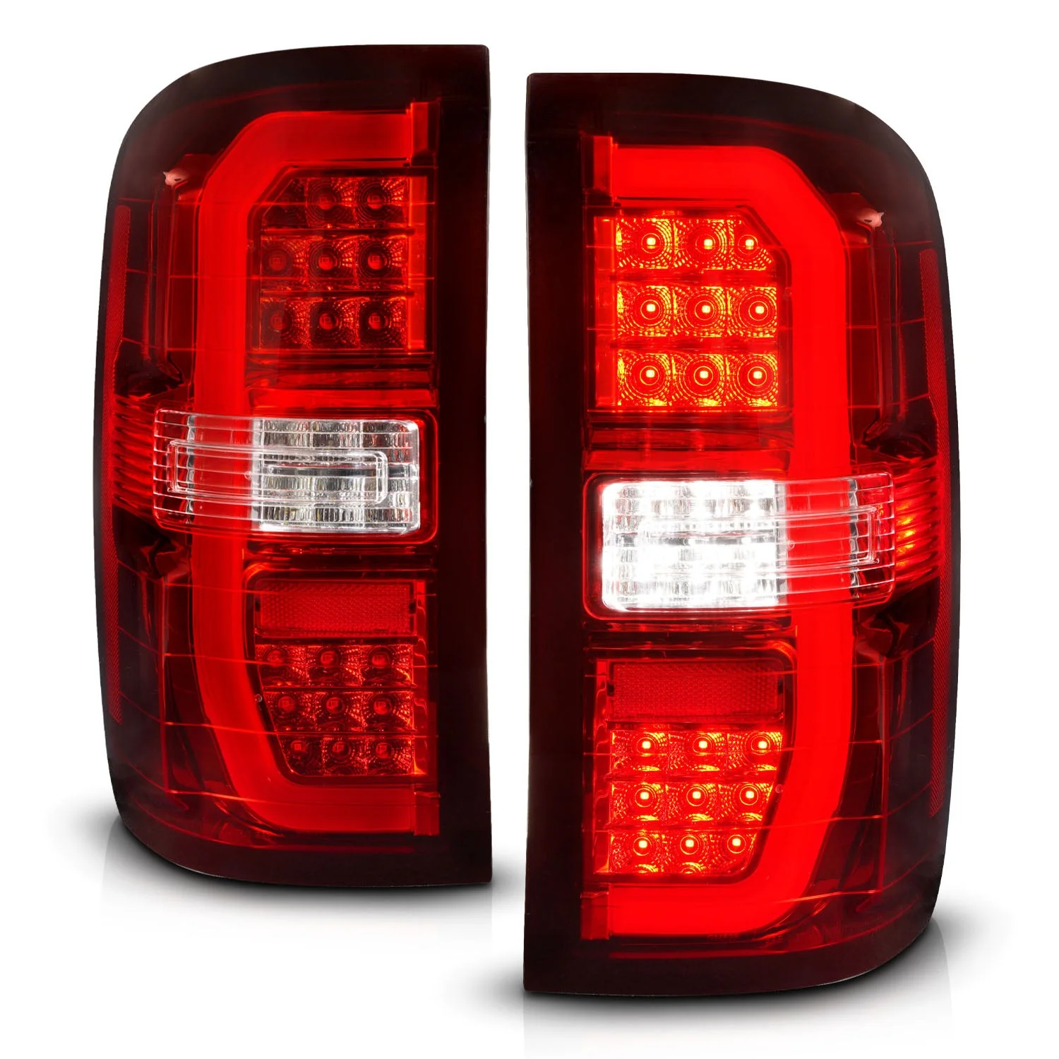 Anzo Full LED Tail Lights GMC Sierra (2014–2019) C-Bar Style Black or Chrome Housing w/ Clear / Smoke / Red-Clear Lens & Sequential Signal - Image 11