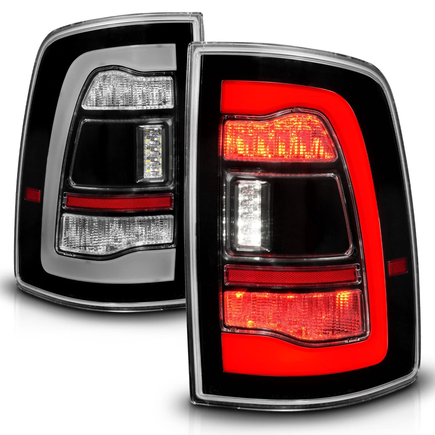 Anzo Full LED Tail Lights Dodge Ram (09–23) Black Housing w/ Clear / Smoke / Clear - Amber Signal Lens & Sequential Signal