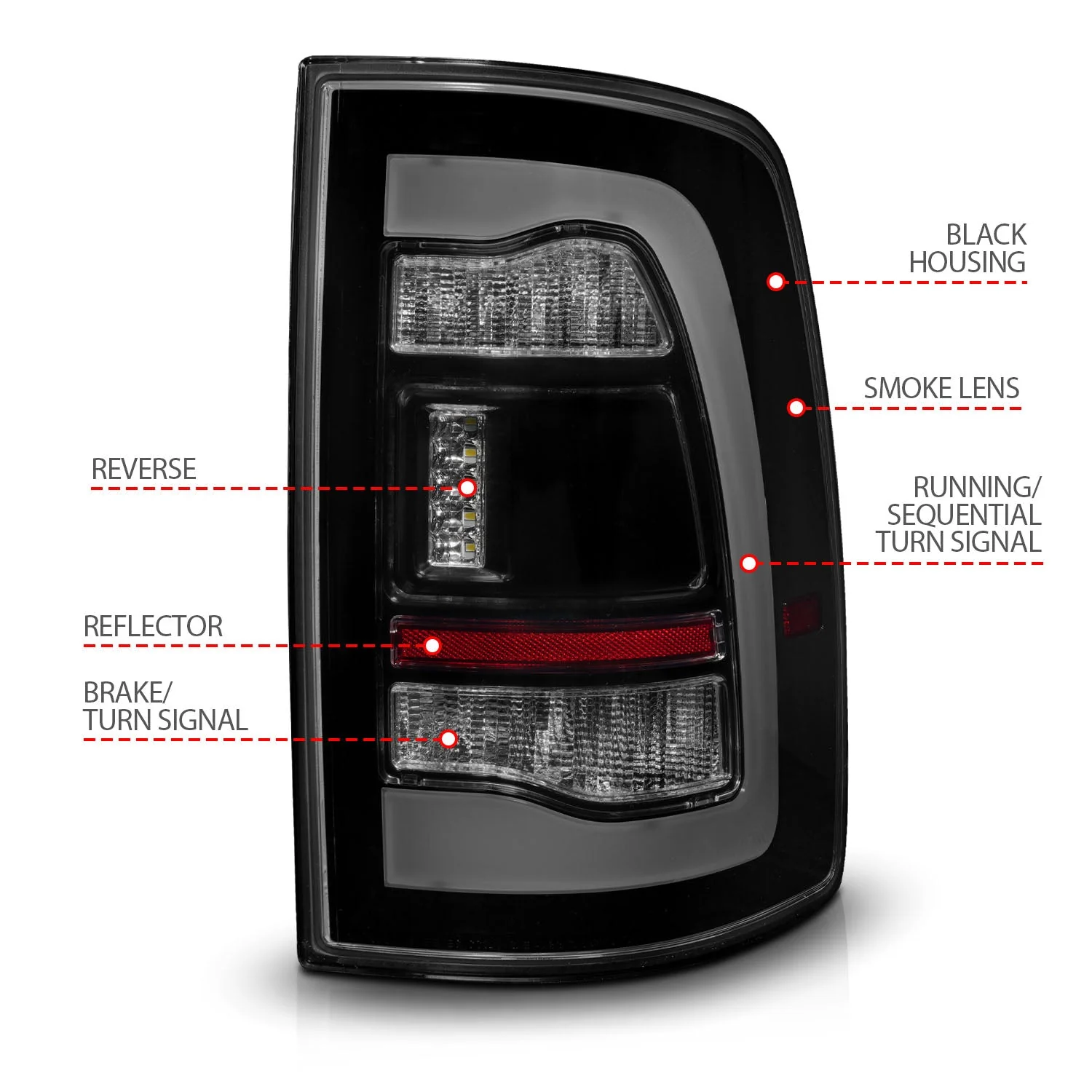 Anzo Full LED Tail Lights Dodge Ram (09–23) Black Housing w/ Clear / Smoke / Clear - Amber Signal Lens & Sequential Signal - Image 11