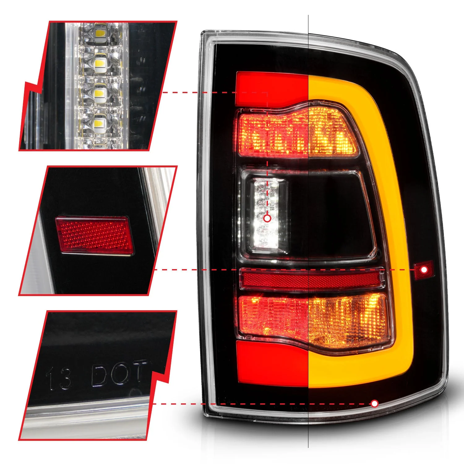 Anzo Full LED Tail Lights Dodge Ram (09–23) Black Housing w/ Clear / Smoke / Clear - Amber Signal Lens & Sequential Signal - Image 16