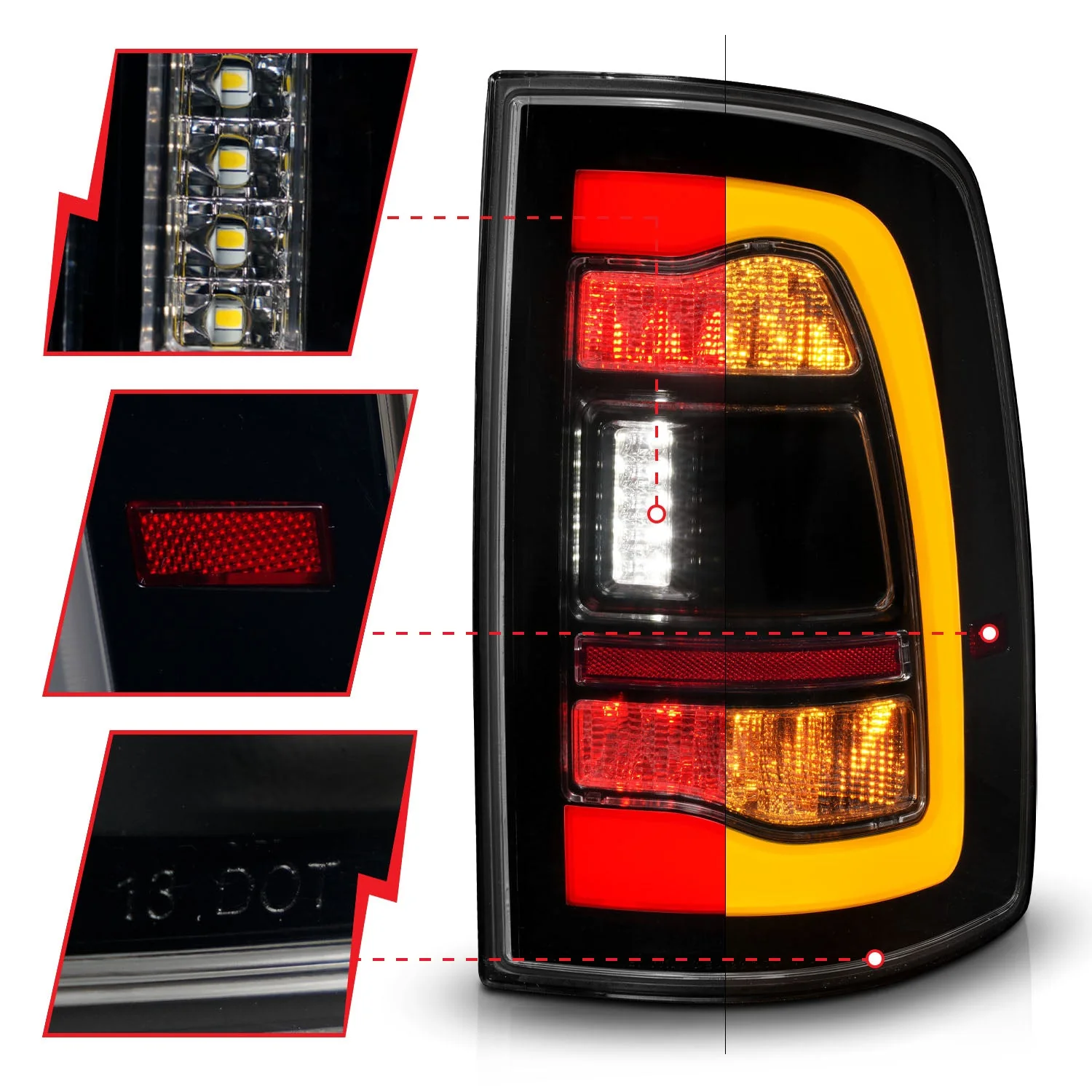Anzo Full LED Tail Lights Dodge Ram (09–23) Black Housing w/ Clear / Smoke / Clear - Amber Signal Lens & Sequential Signal - Image 22