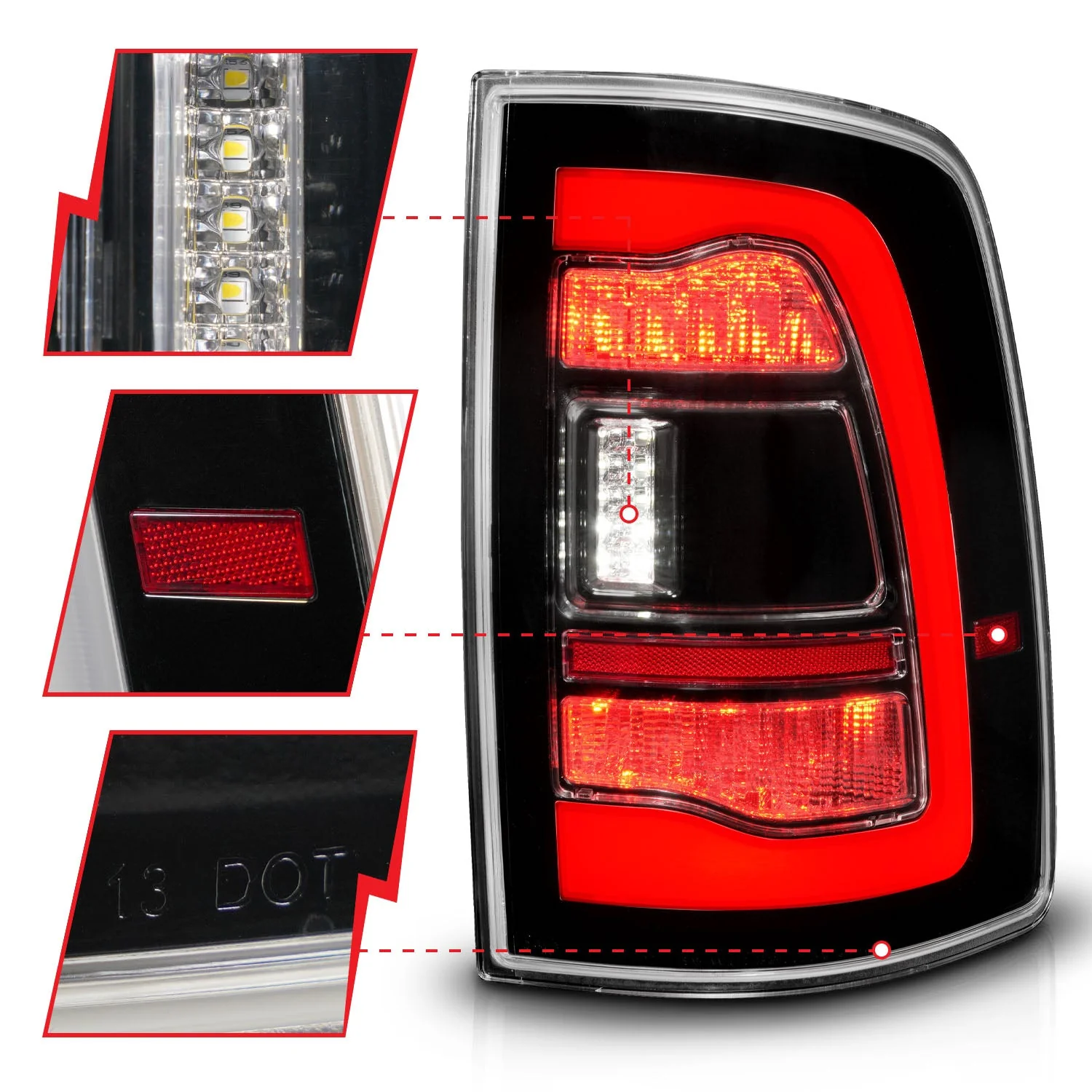 Anzo Full LED Tail Lights Dodge Ram (09–23) Black Housing w/ Clear / Smoke / Clear - Amber Signal Lens & Sequential Signal - Image 4