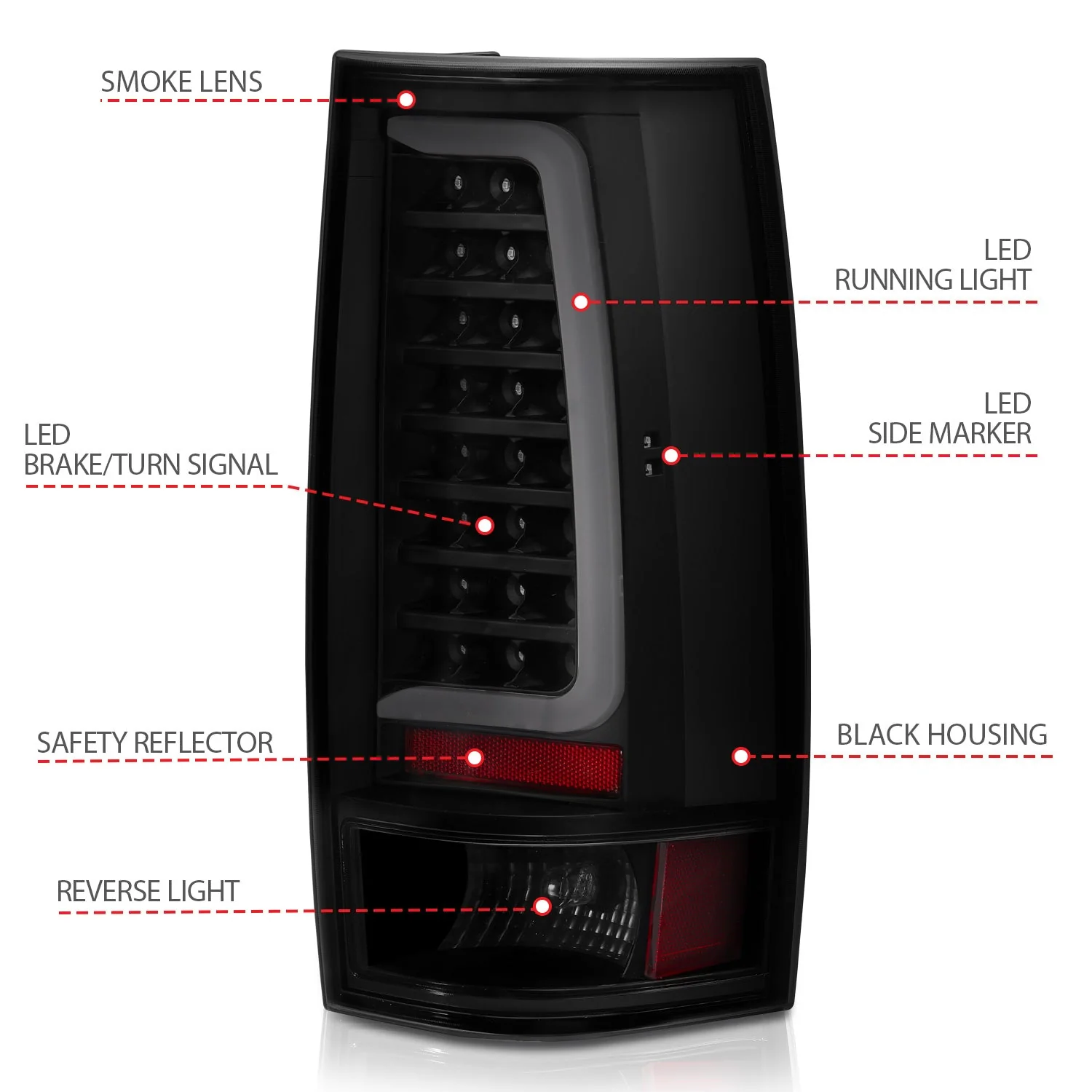 Anzo LED Tail Lights Chevy Tahoe / Suburban & GMC Yukon / Yukon XL (07–14) C-Bar Style Black or Chrome Housing w/ Red / Clear / Smoke Lens - Image 13