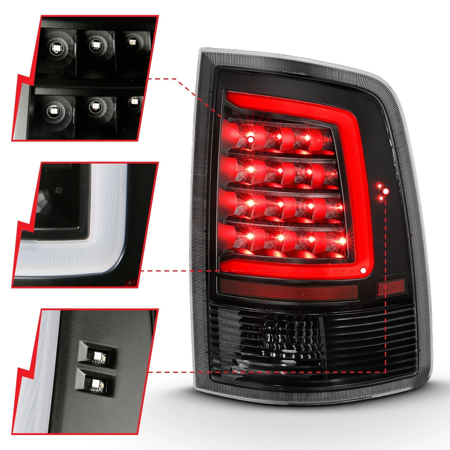 Anzo LED Tail Lights Dodge Ram (09–10) RAM 1500 / 2500/ 3500 (11-23) C-Bar Style Black or Chrome Housing w/ Clear or Smoke Lens - Image 5