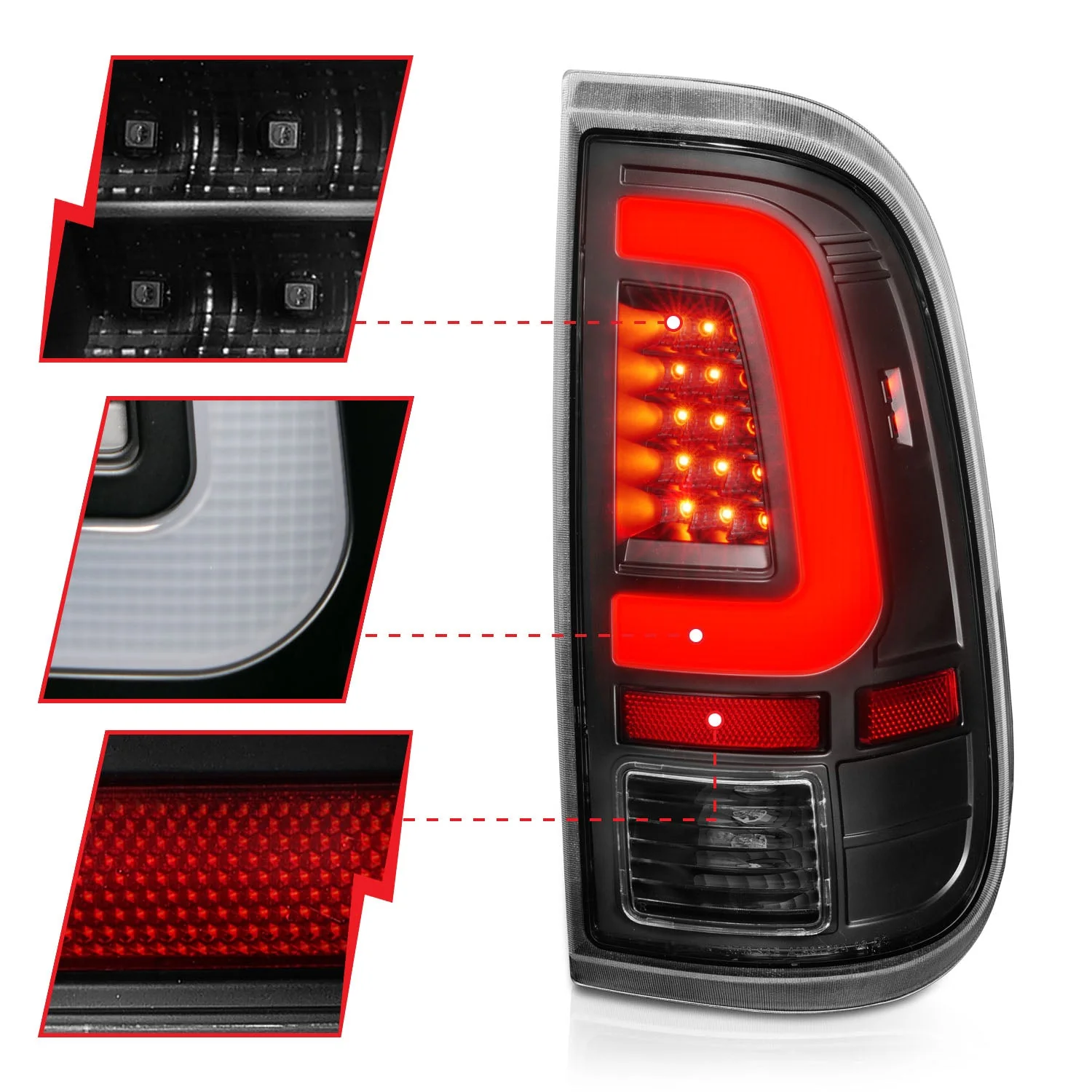 Anzo LED Tail Lights Ford Super Duty (08–16) C-Bar or Standard Style Black or Chrome Housing w/ Red / Clear / Smoke Lens - Image 4