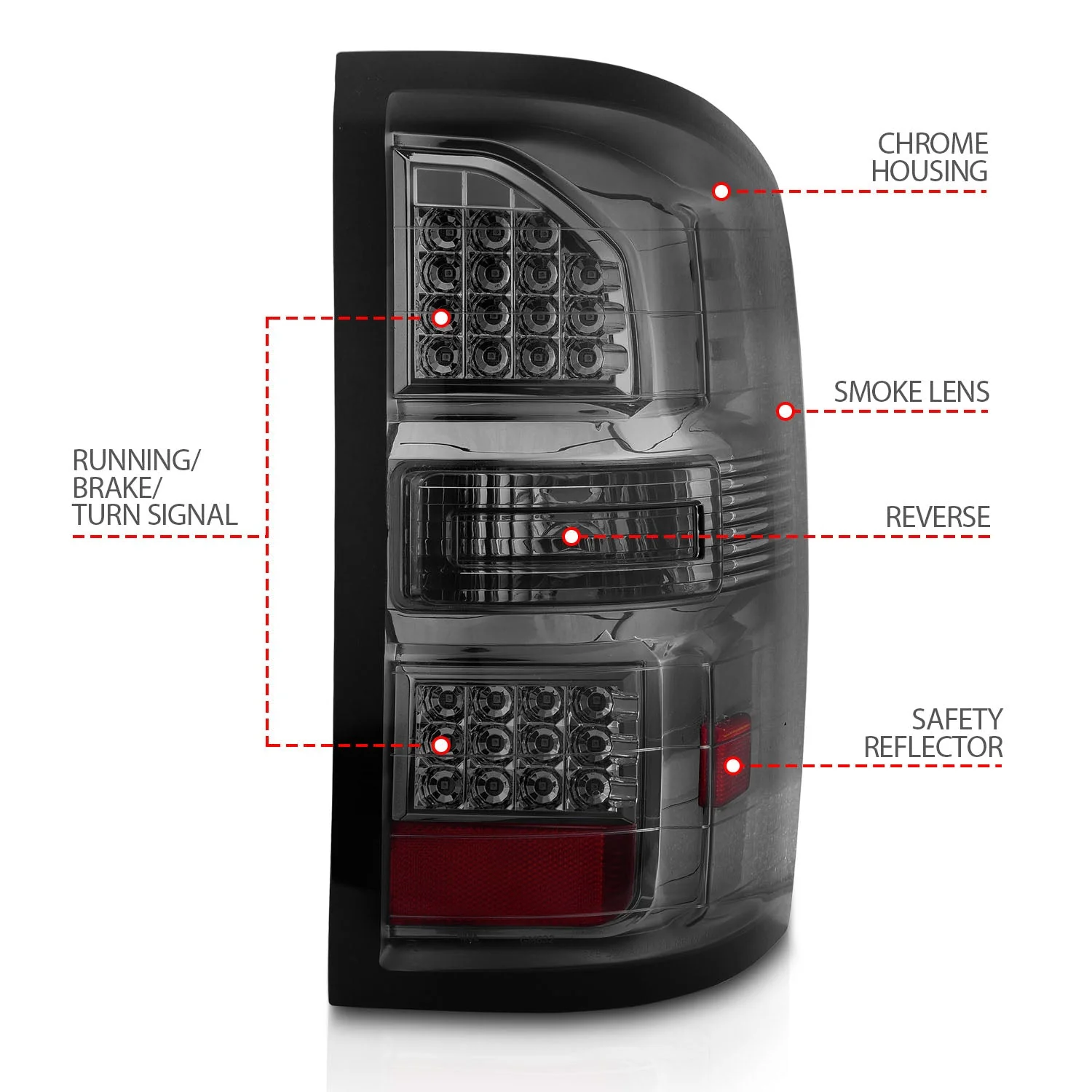 Anzo LED Tail Lights GMC Sierra 1500/ 2500/ 3500 HD (14–19) Single Rear Wheel - Black or Chrome Housing w/ Clear / Smoke/ Red Clear Lens  Lens - Image 12