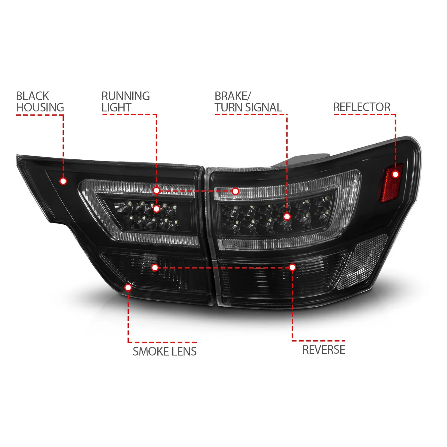 Anzo LED Tail Lights Jeep Grand Cherokee (11–13) 4pcs Light Bar w/ Black or Chrome Housing w/ Smoke / Clear / Red-Clear Lens - Image 10