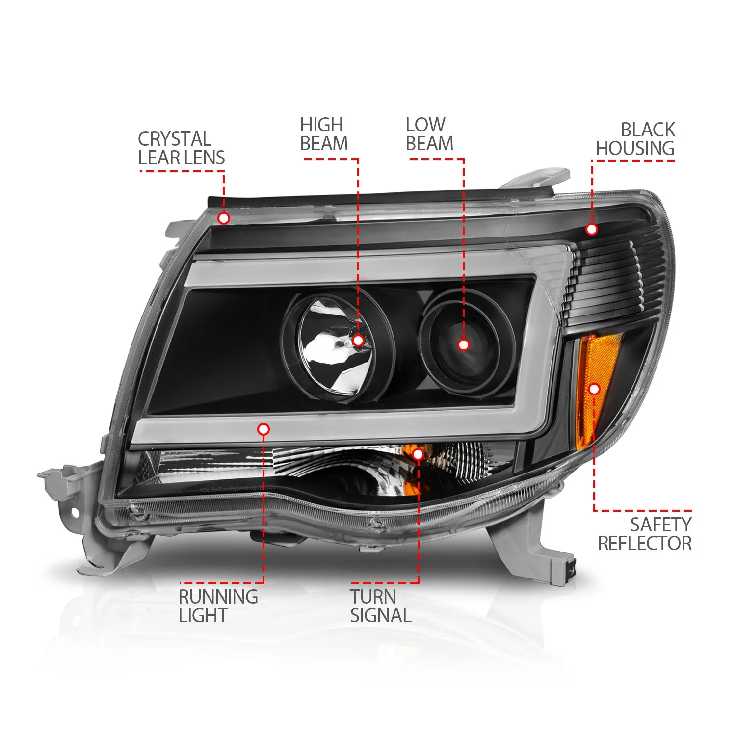 Anzo Projector Headlights Toyota Tacoma (05–11) C-Bar Style Black w/ Clear Lens 111517 - Image 4