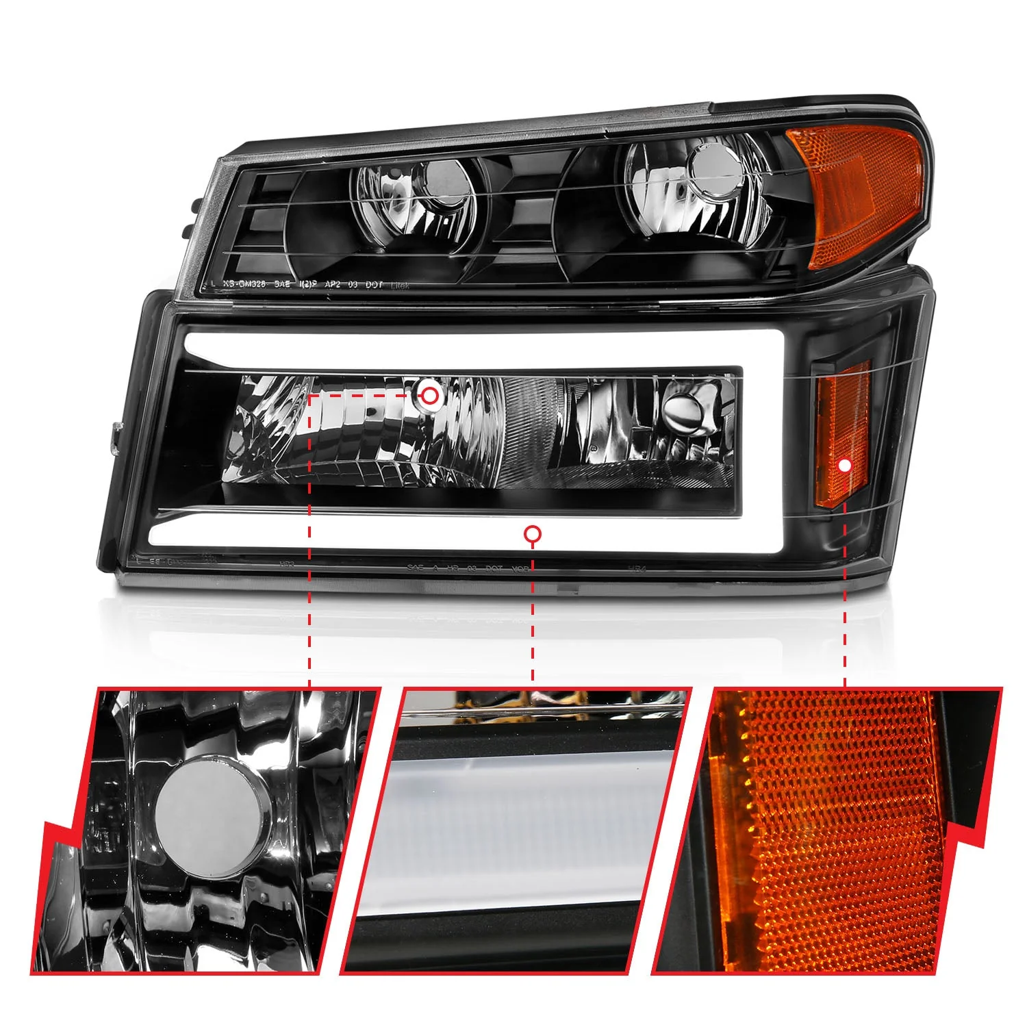 Anzo Projector Headlights Chevy Colorado / GMC Canyon (04–12) Crystal Plank Style – Black or Chrome Housing w/ 4PCS Parking & Signal Lights - Image 4