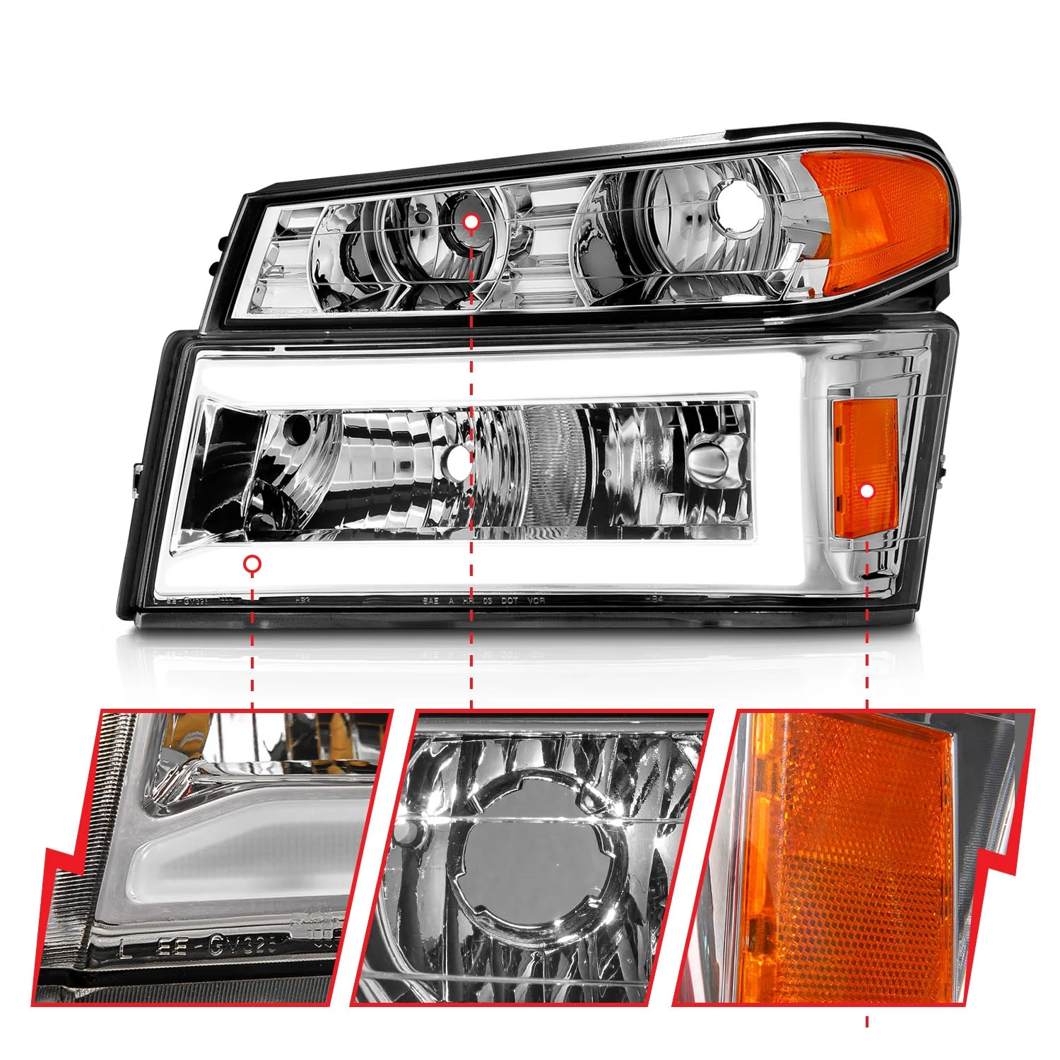 Anzo Projector Headlights Chevy Colorado / GMC Canyon (04–12) Crystal Plank Style – Black or Chrome Housing w/ 4PCS Parking & Signal Lights - Image 9