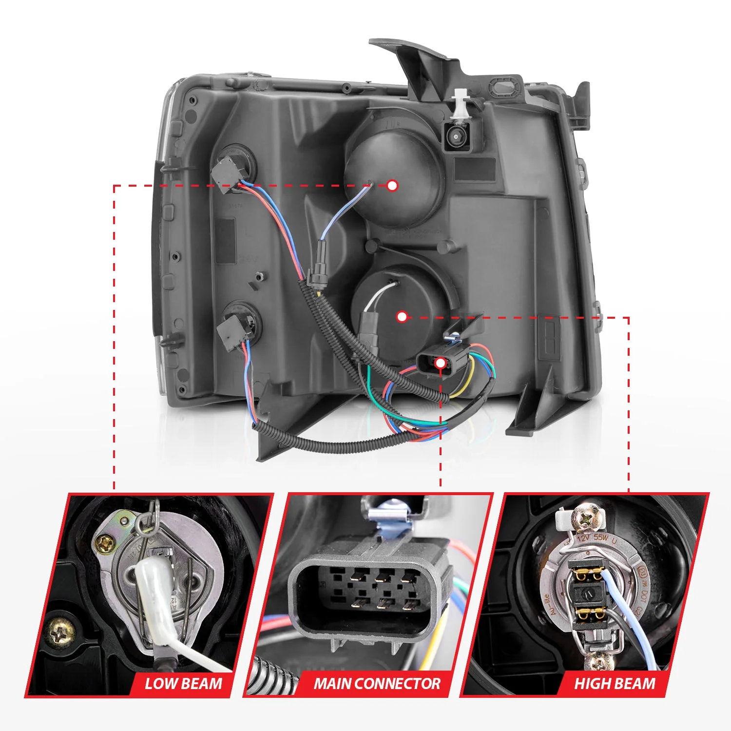 Anzo Projector Headlights Chevy Silverado 1500/ 2500/ 3500/ 3500 HD (07–14) Plank Style Black Housing w/ Clear Lens - Image 2