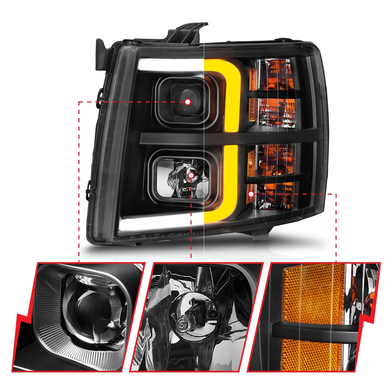 Anzo Projector Headlights Chevy Silverado 1500/ 2500/ 3500/ 3500 HD (07–14) Plank Style Black Housing w/ Clear Lens - Image 4