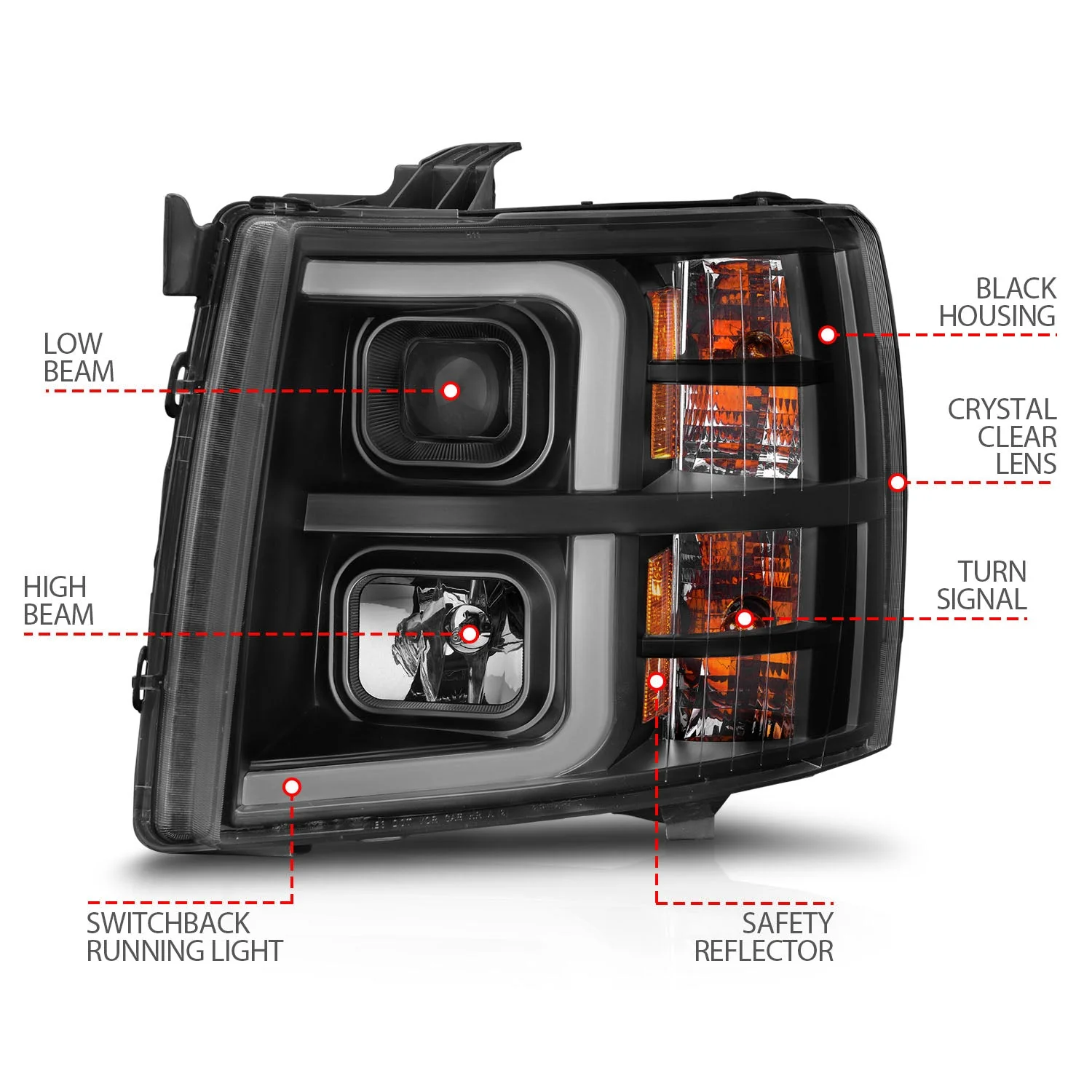 Anzo Projector Headlights Chevy Silverado 1500/ 2500/ 3500/ 3500 HD (07–14) Plank Style Black Housing w/ Clear Lens - Image 5