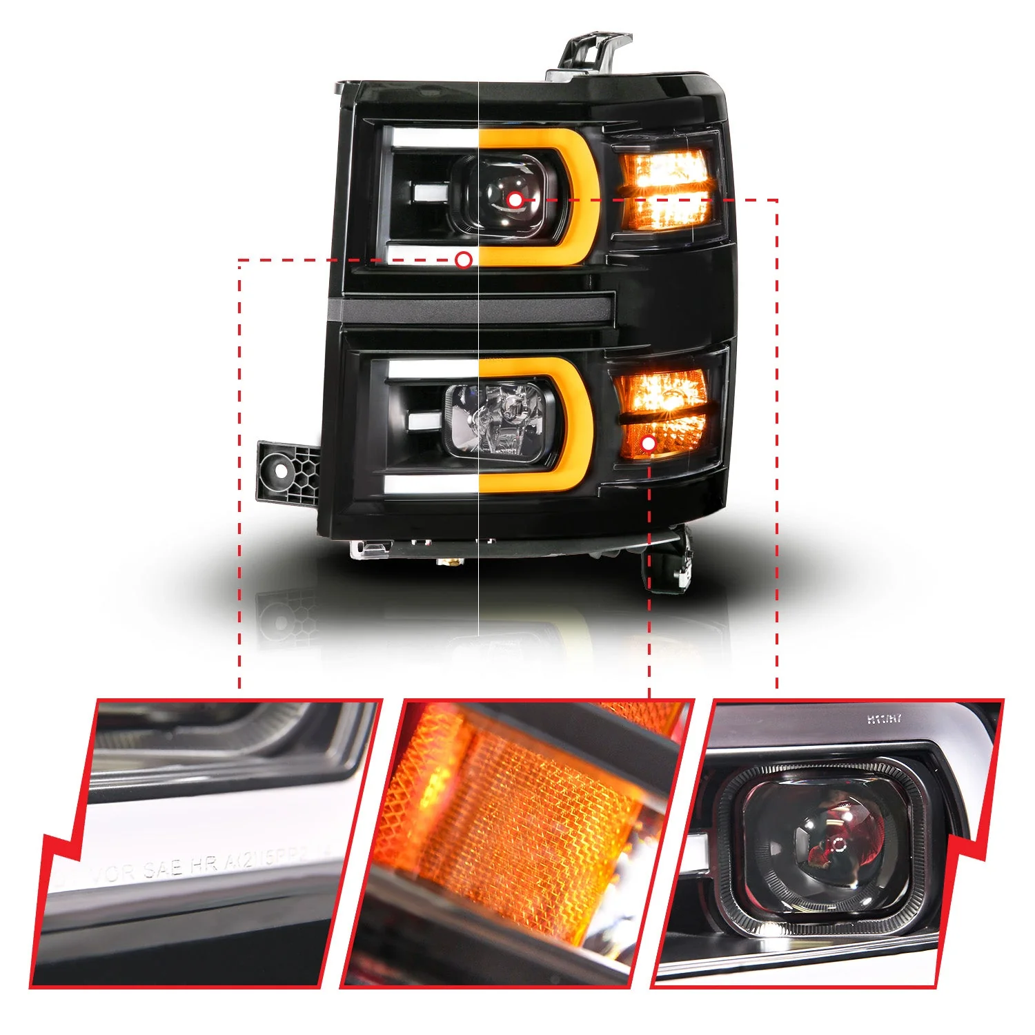 Anzo Projector Headlights Chevy Silverado 1500 (14-15) Plank Style - Black Housing w/ Clear Lens & Sequential Signal - Image 4