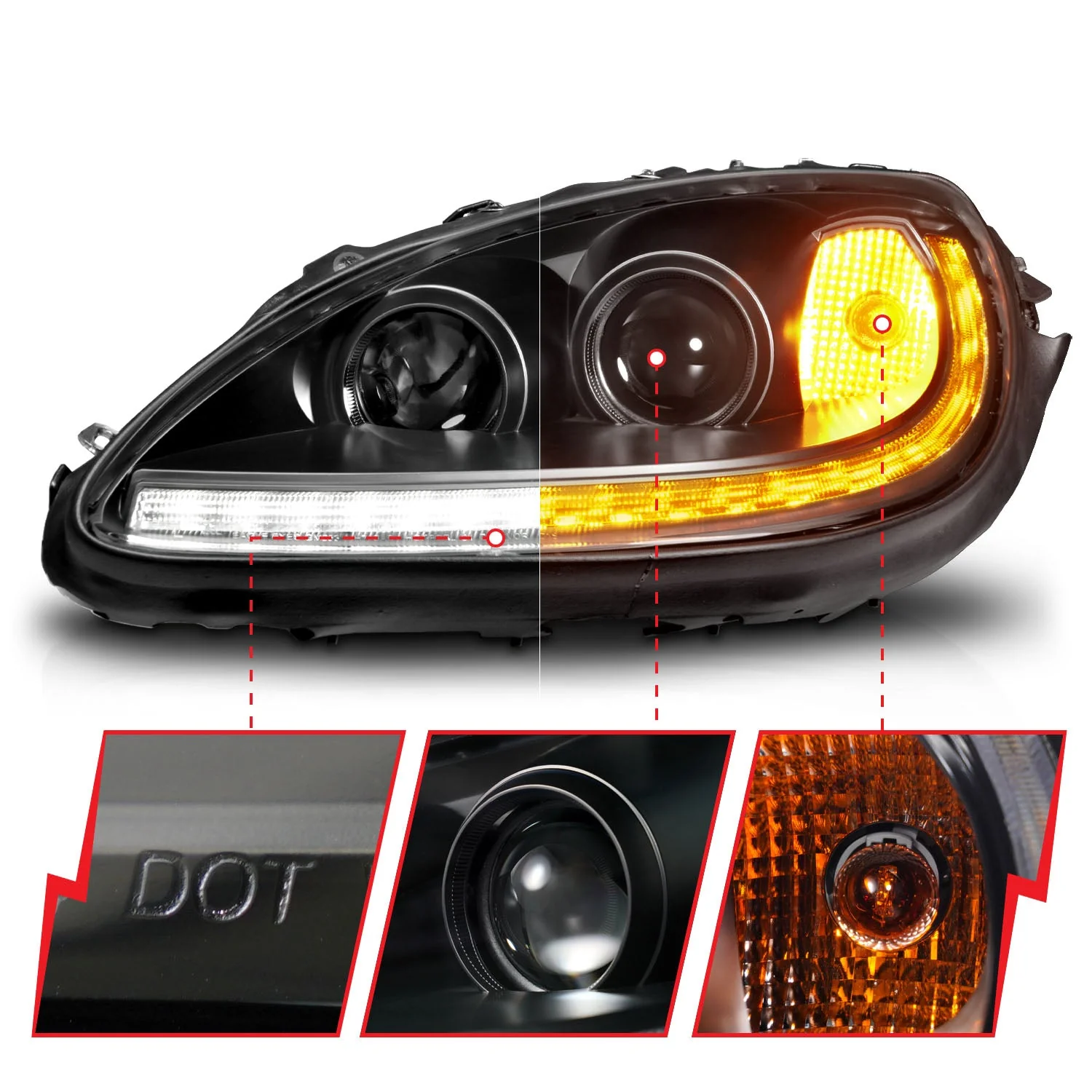 Anzo Projector Headlights Corvette C6 (05–13) Plank Style - Black Housing w/ DRL & Sequential Signal - Image 4