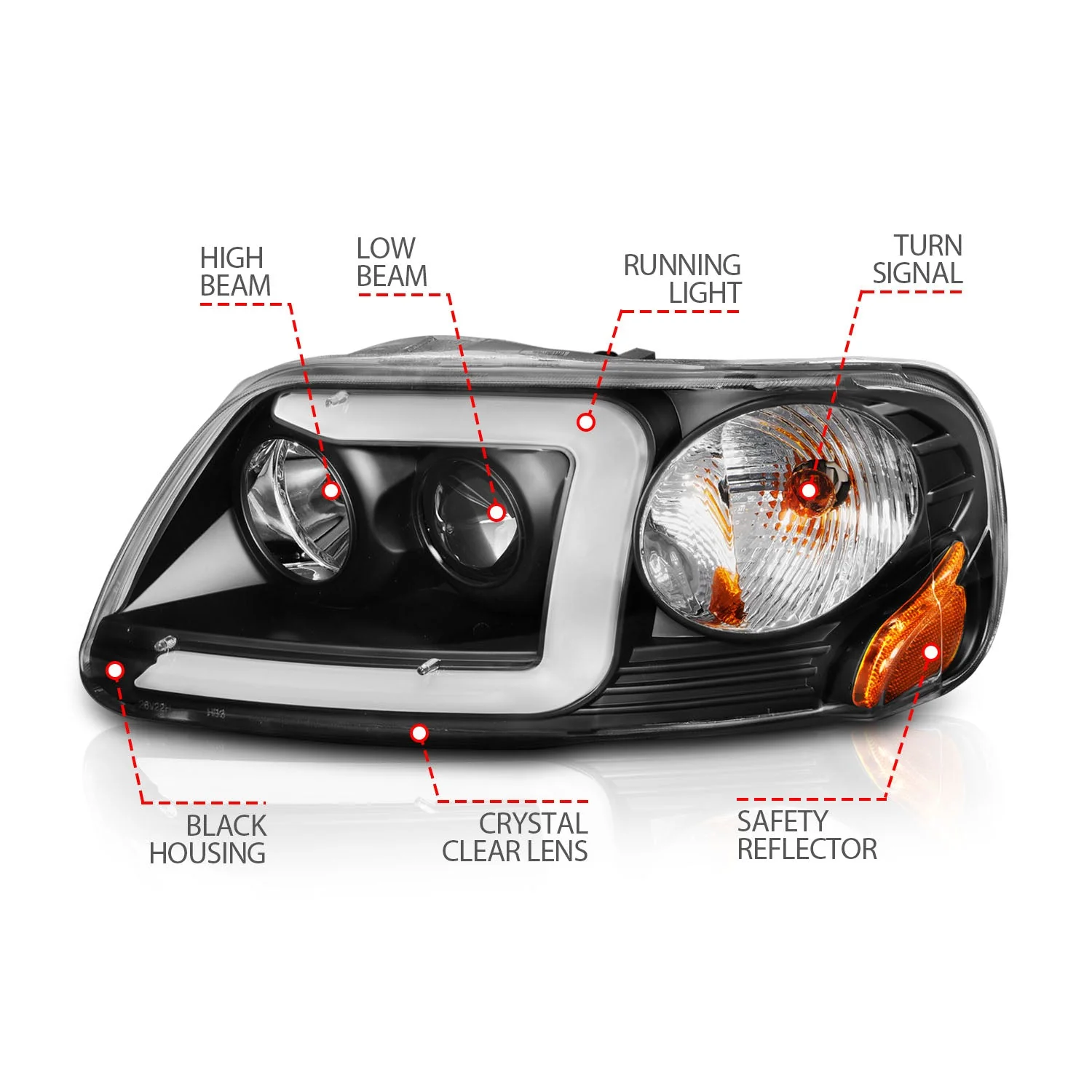 Anzo Projector Headlights Ford F150 / Expedition (1997–2004) C-Bar Style Black or Chrome w/ Clear Lens - Image 5
