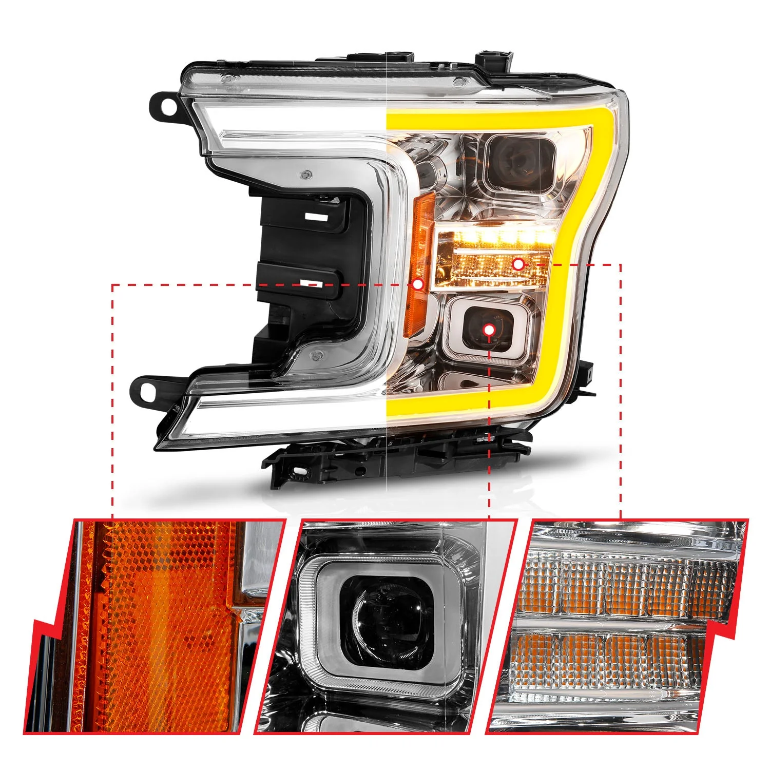 Anzo Projector Headlights Ford F150 (18–20) Initiation & Sequential Plank Style - Black or Chrome Housing w/ Clear Lens - Image 11