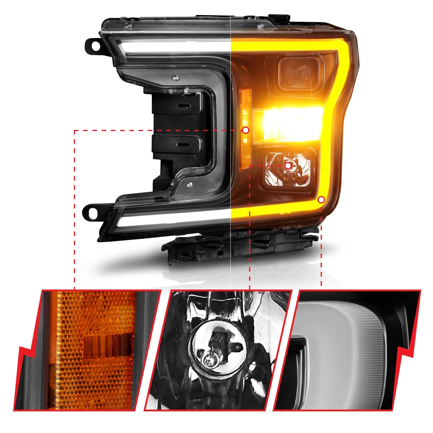 Anzo Projector Headlights Ford F150 (2018–2020) Plank Style Switchback w/ Black or Chrome Housing - Image 4