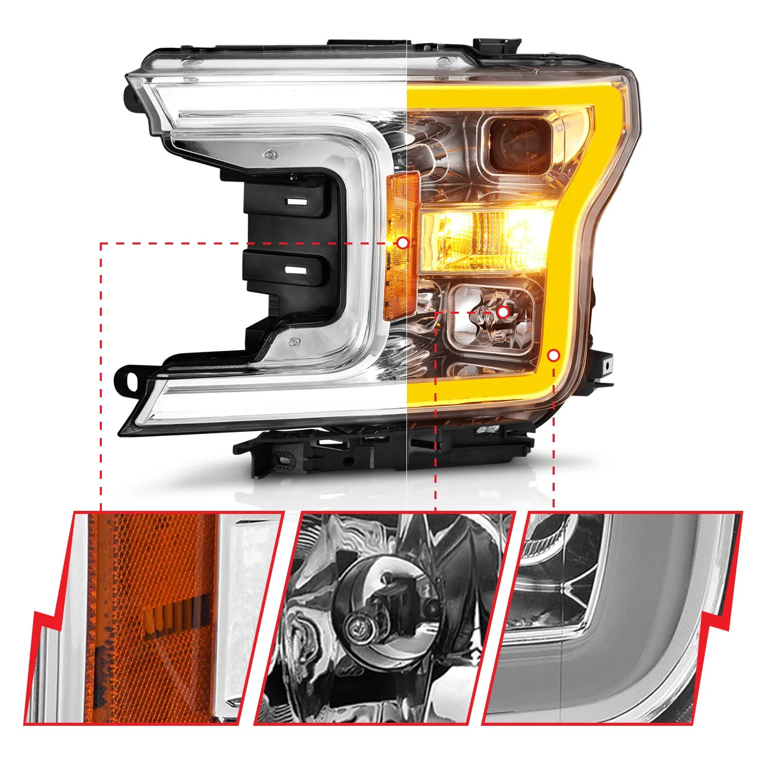 Anzo Projector Headlights Ford F150 (2018–2020) Plank Style Switchback w/ Black or Chrome Housing - Image 9