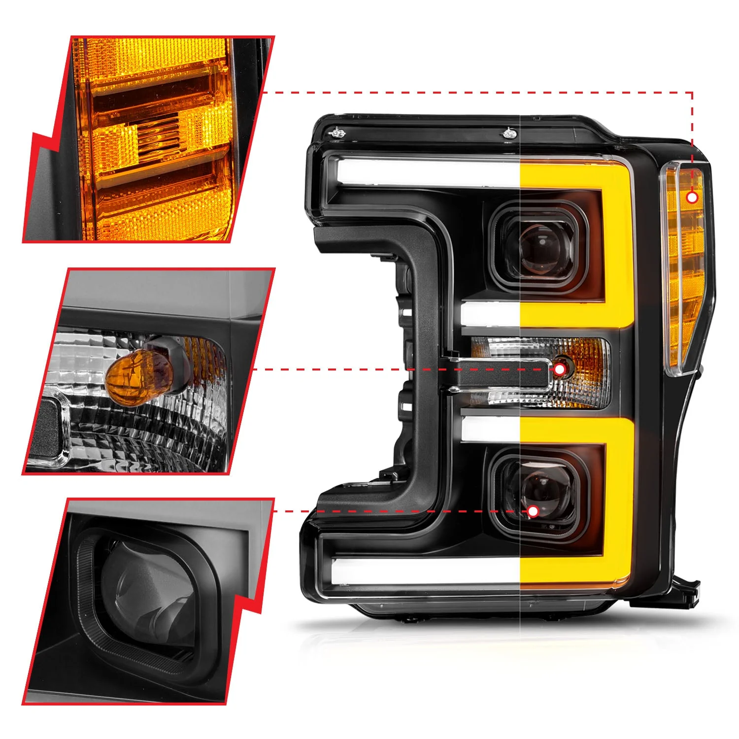 Anzo Projector Headlights Ford F250 350 450 Super Duty (17–19) Switchback Plank Style - Black Housing w/ Clear Lens 111577 - Image 5