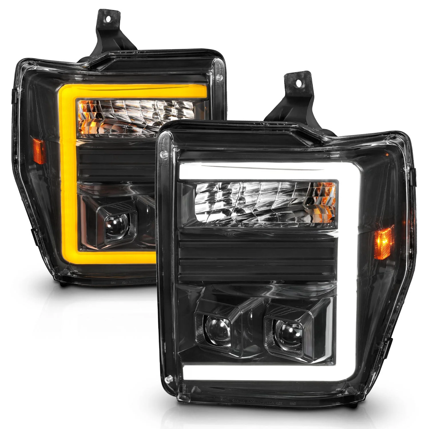 Anzo Projector Headlights Ford F250 F350 F450 F550 Super Duty (08–10) Switchback Plank Style - Black or Chrome Housing w/ Clear Lens