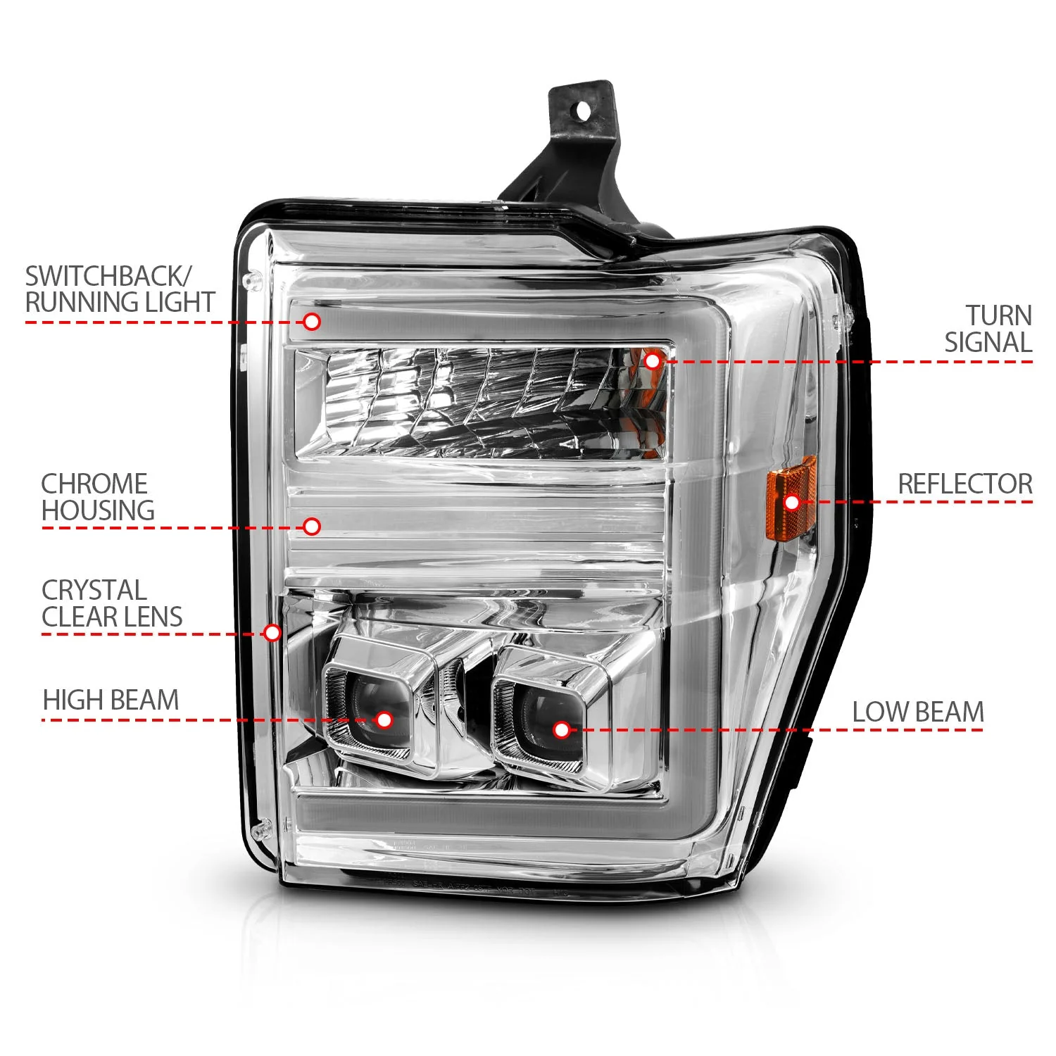 Anzo Projector Headlights Ford F250 F350 F450 F550 Super Duty (08–10) Switchback Plank Style - Black or Chrome Housing w/ Clear Lens - Image 10