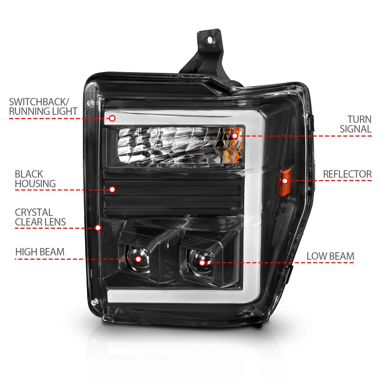Anzo Projector Headlights Ford F250 F350 F450 F550 Super Duty (08–10) Switchback Plank Style - Black or Chrome Housing w/ Clear Lens - Image 5
