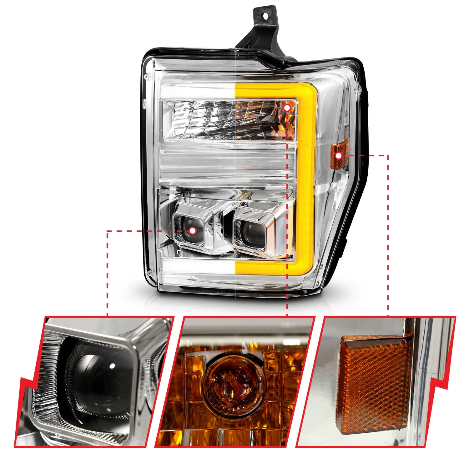 Anzo Projector Headlights Ford F250 F350 F450 F550 Super Duty (08–10) Switchback Plank Style - Black or Chrome Housing w/ Clear Lens - Image 9