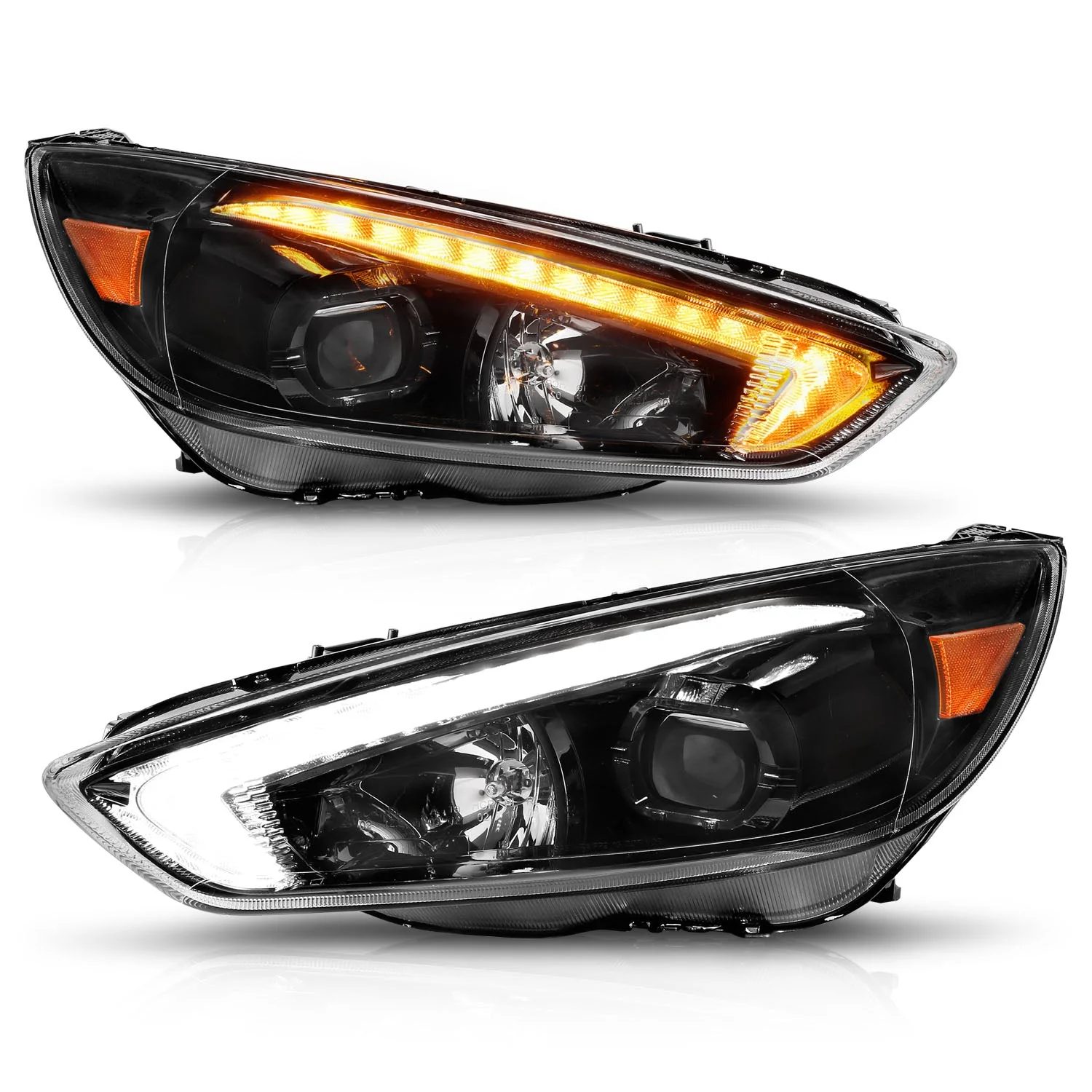 Anzo Projector Headlights Ford Focus (15–18) Switchback Plank Style Black Housing w/ Clear Lens