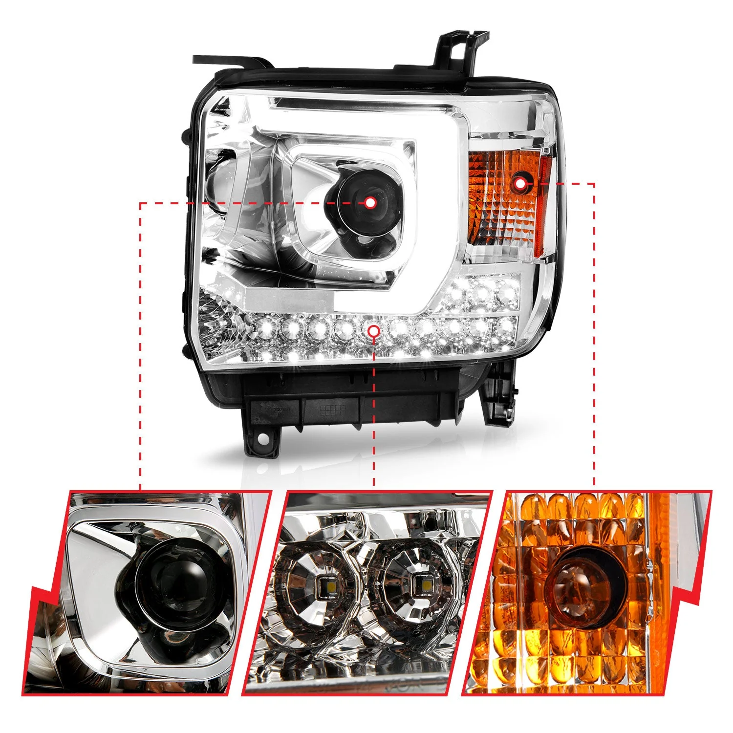 Anzo Projector Headlights GMC Sierra (14–19) C-Bar Style Chrome Housing w/ Clear Lens Non-Factory LED DRL 111553 - Image 4