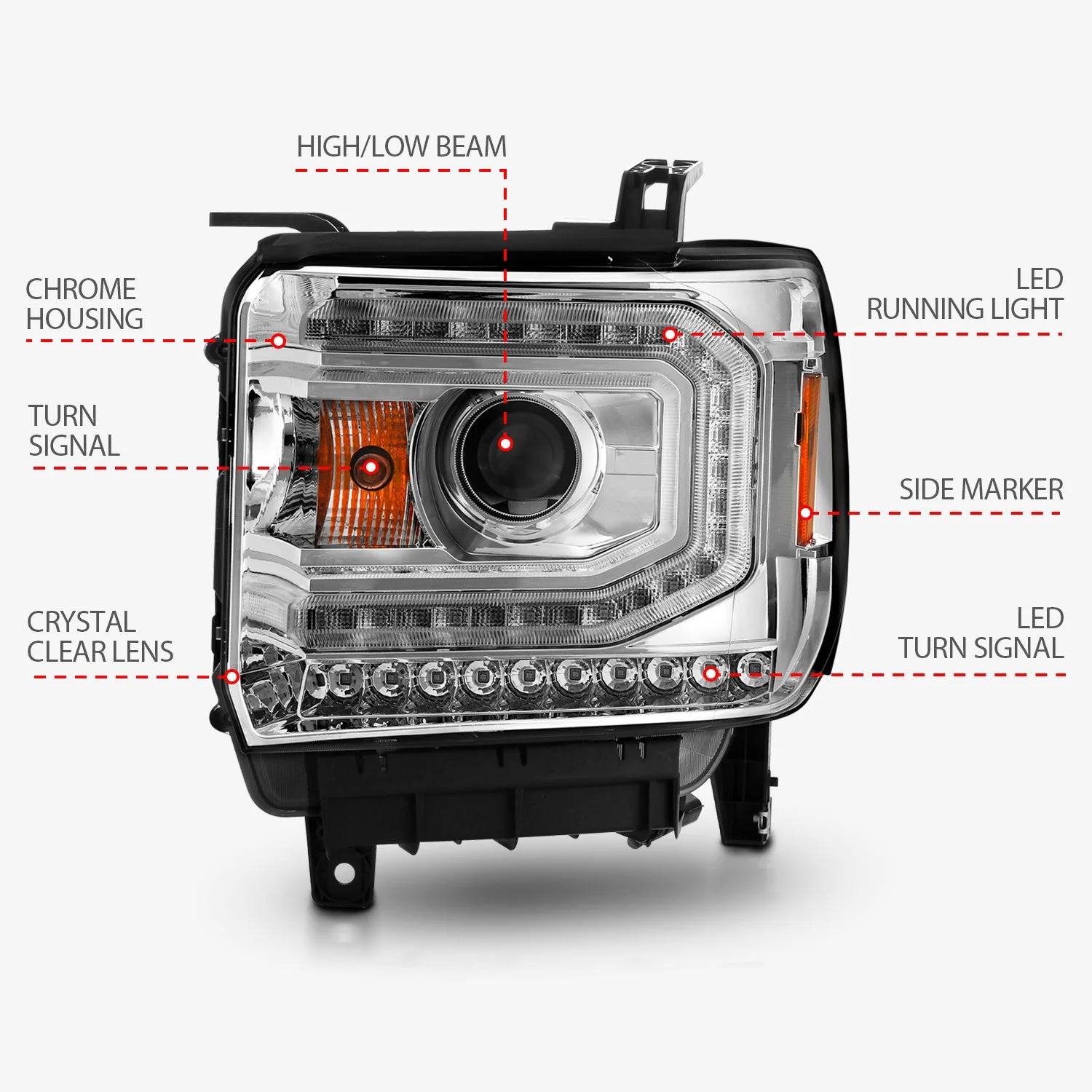 Anzo Projector Headlights GMC Sierra 1500 / 2500HD / 3500HD (14–19) C-Bar Style Black or Chrome w/ Clear Lens - Image 12
