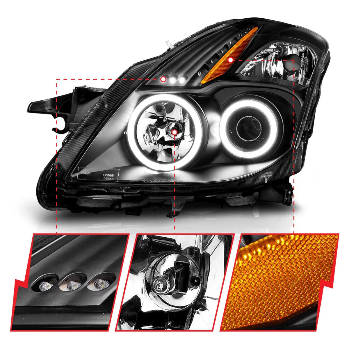 Anzo Projector Headlights Nissan Altima S / SE / SR Coupe (08–10) RX Halo Style – Black Housing w/ Clear Lens 121395 - Image 4