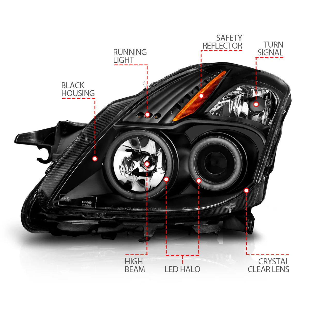 Anzo Projector Headlights Nissan Altima S / SE / SR Coupe (08–10) RX Halo Style – Black Housing w/ Clear Lens 121395 - Image 5