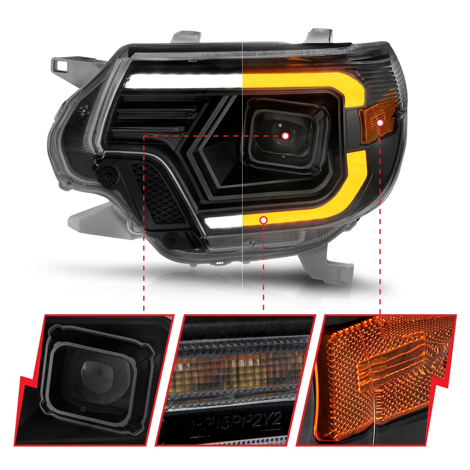 Anzo Projector Headlights Toyota Tacoma (12–15) Plank Style Switchback Black or Chrome Housing w/ Clear Lens - Image 4