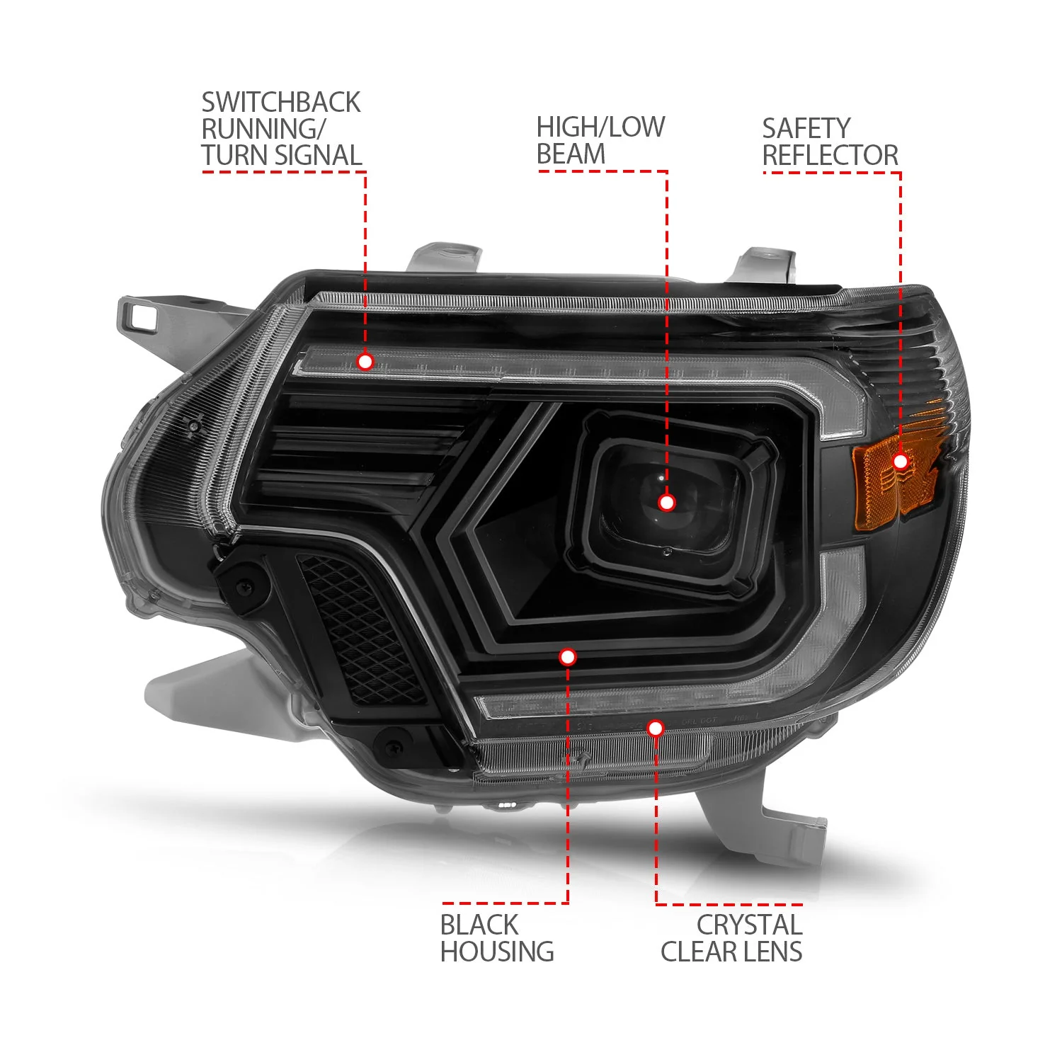 Anzo Projector Headlights Toyota Tacoma (12–15) Plank Style Switchback Black or Chrome Housing w/ Clear Lens - Image 5