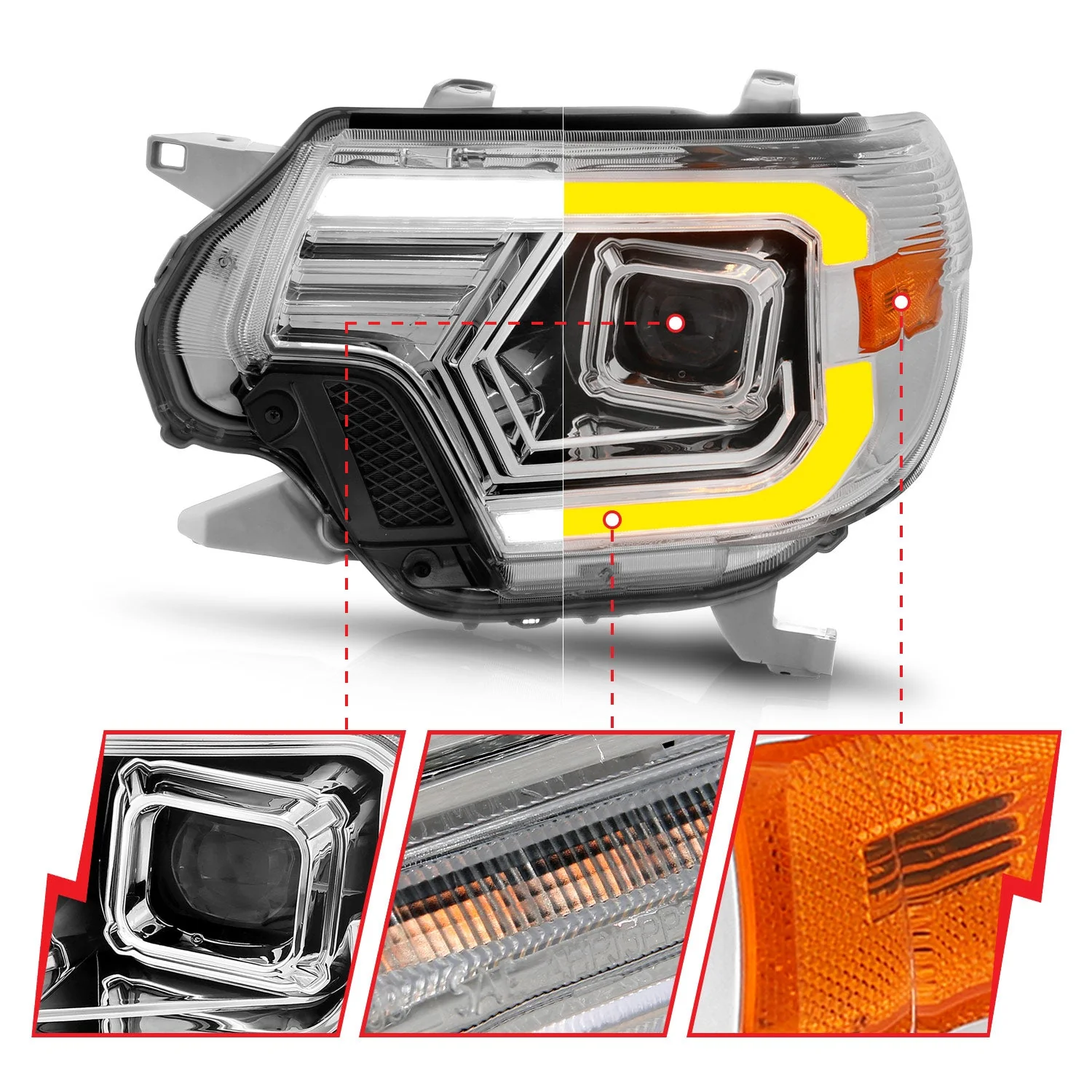 Anzo Projector Headlights Toyota Tacoma (12–15) Plank Style Switchback Black or Chrome Housing w/ Clear Lens - Image 9