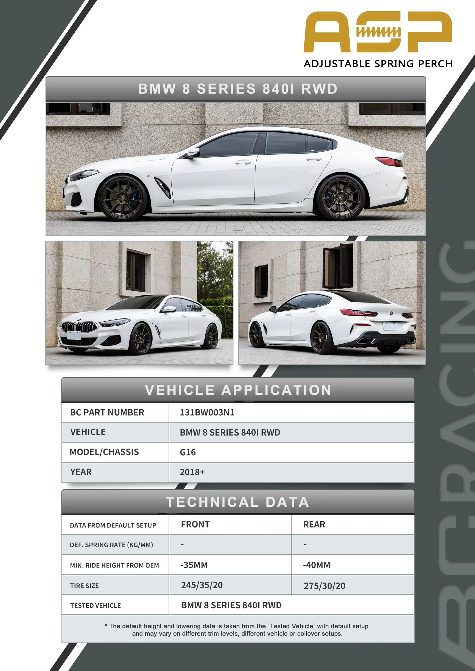 BC Racing ASP Height Adjustable Lowering Springs BMW 840i G16 RWD (2020-2025) HAS Kit - Retains EDC / Electronic Dampening 131BW003N1 - Image 2