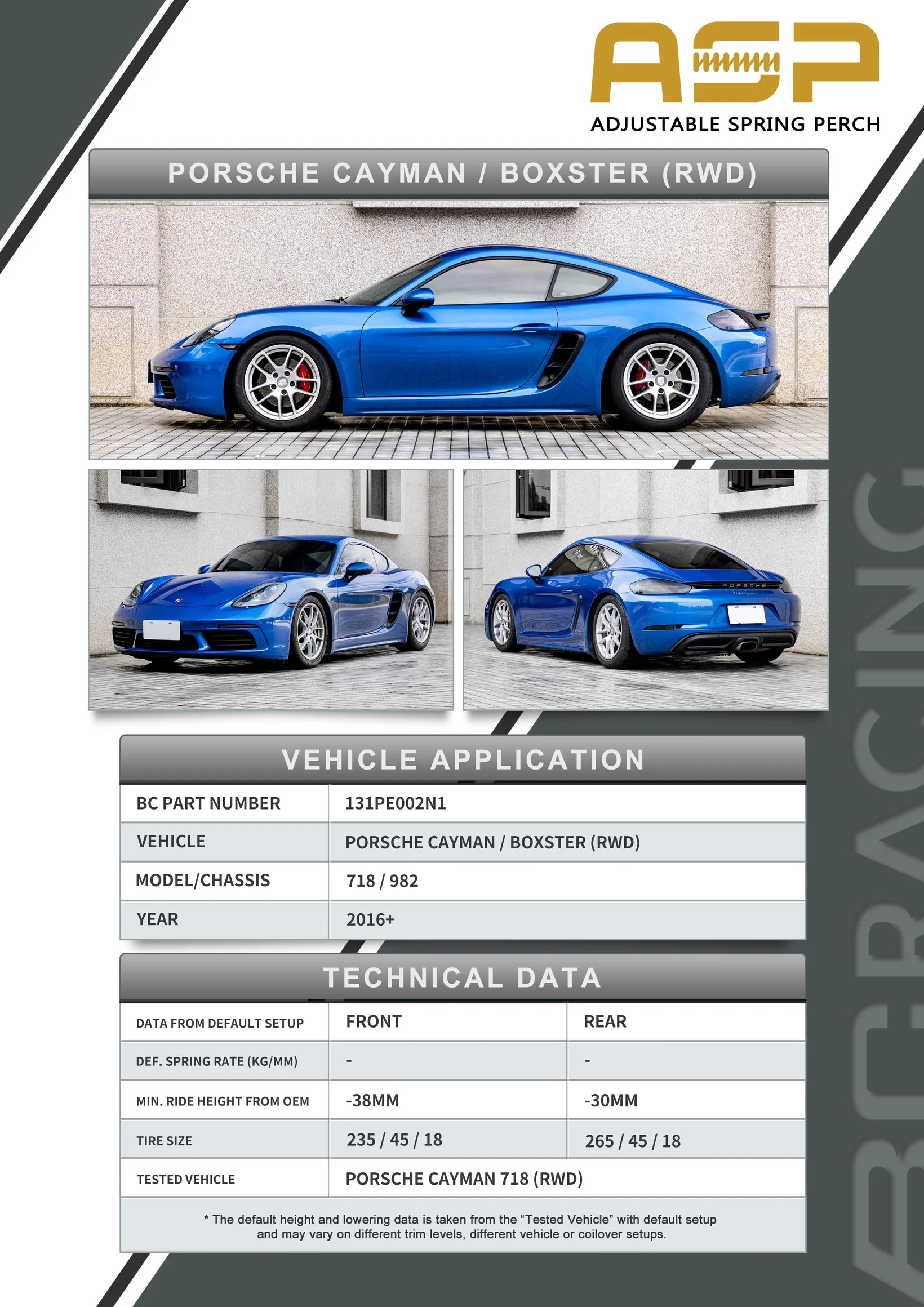 BC Racing ASP Height Adjustable Lowering Springs Porsche 718 Cayman & Boxster 982 RWD (2016-2023) HAS Kit with Optional Front Camber - Retains EDC / Electronic Dampening - Image 3